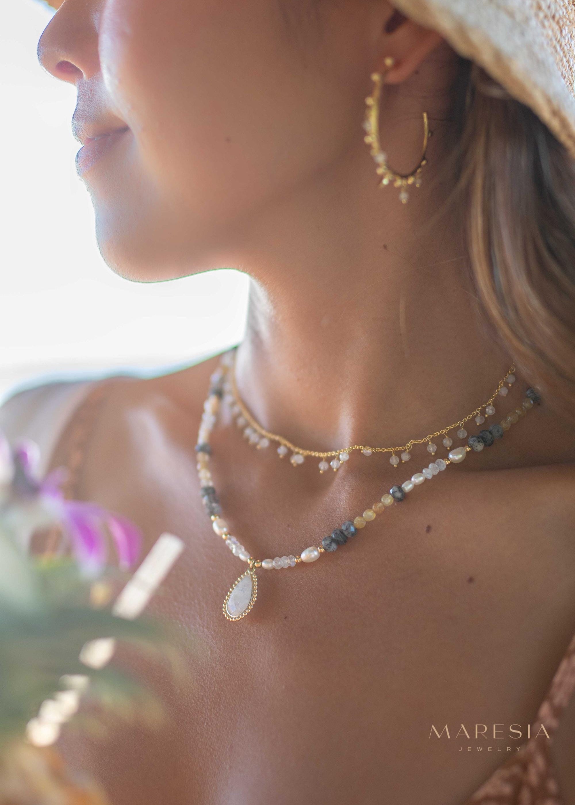 Mixed Gemstones bead necklace with moonstone pendant ~ Gold Plated or Sterling Silver ~ Pearl ~ Rutilated quartz ~ minimalist MN162