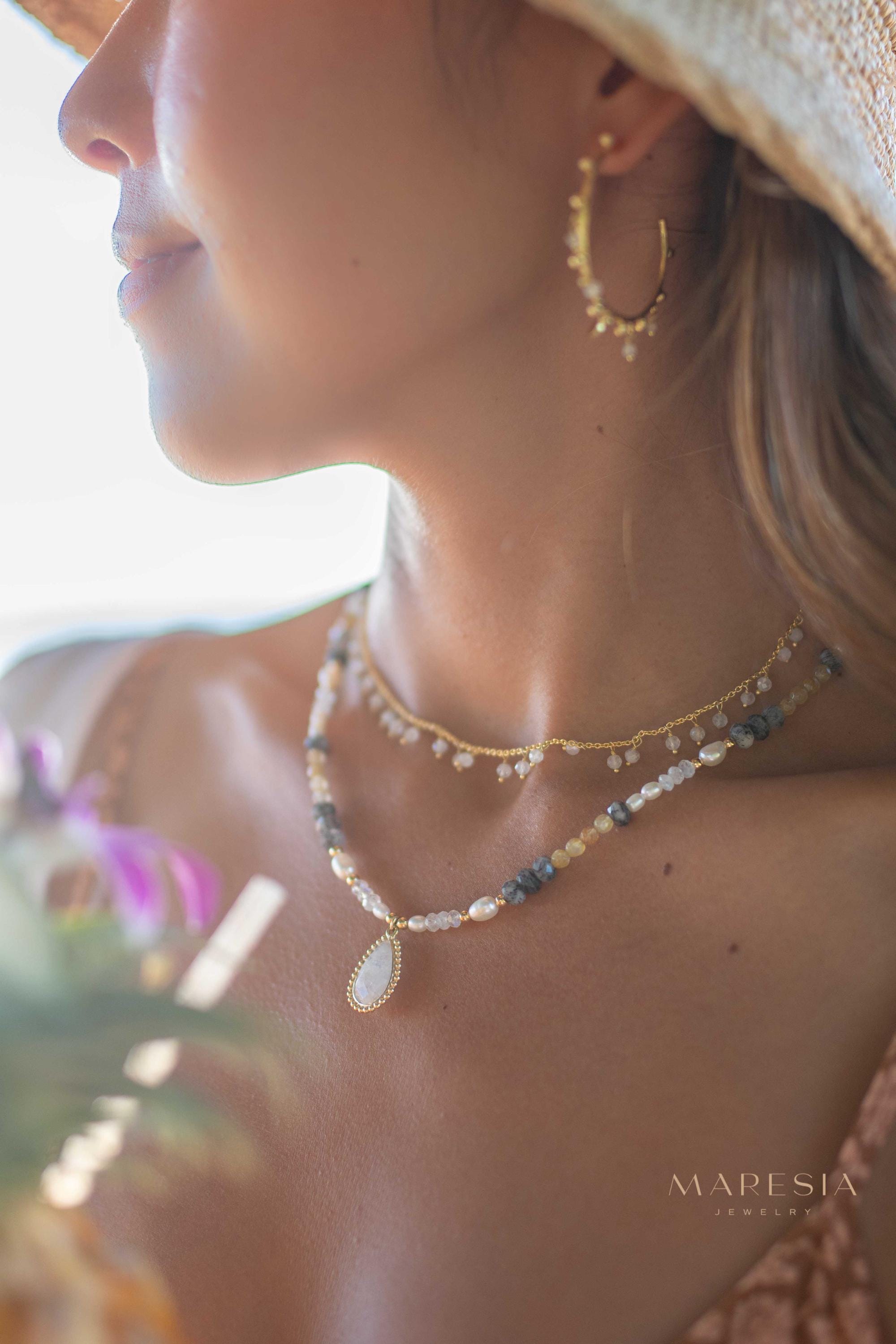Mixed Gemstones bead necklace with moonstone pendant ~ Gold Plated or Sterling Silver ~ Pearl ~ Rutilated quartz ~ minimalist MN162