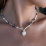Mixed Gemstones bead necklace with moonstone pendant ~ Gold Plated or Sterling Silver ~ Pearl ~ Rutilated quartz ~ minimalist MN162