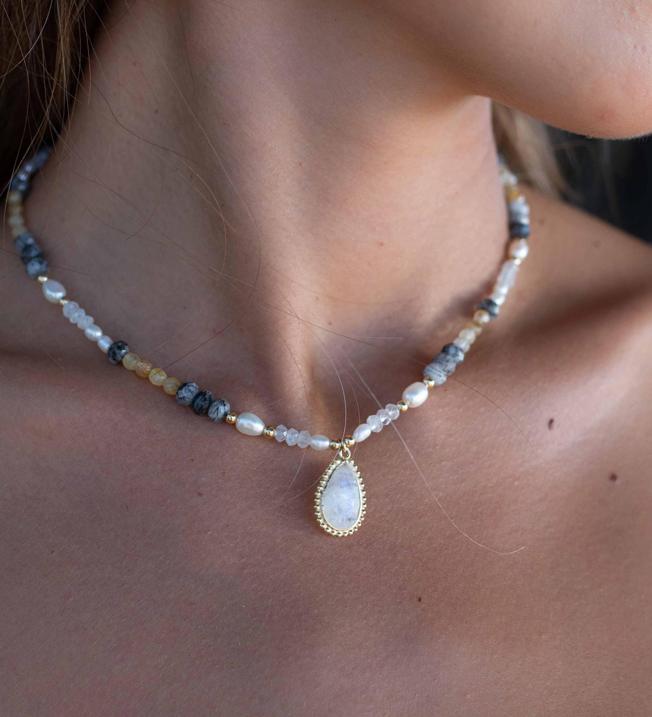Mixed Gemstones bead necklace with moonstone pendant ~ Gold Plated or Sterling Silver ~ Pearl ~ Rutilated quartz ~ minimalist MN162