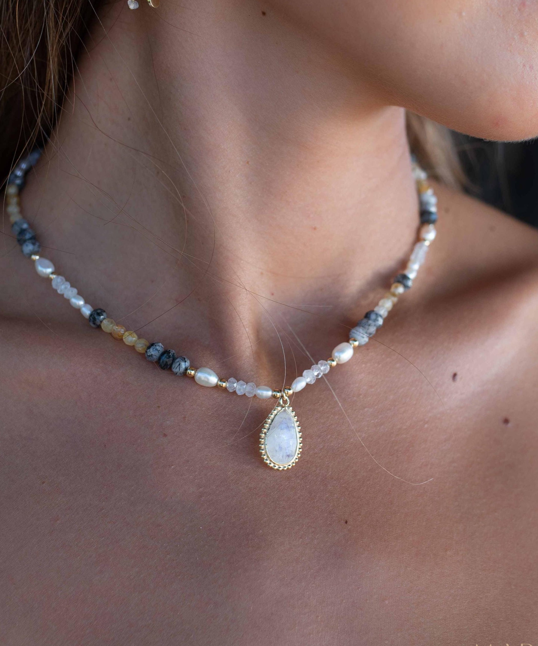Mixed Gemstones bead necklace with moonstone pendant ~ Gold Plated or Sterling Silver ~ Pearl ~ Rutilated quartz ~ minimalist MN162