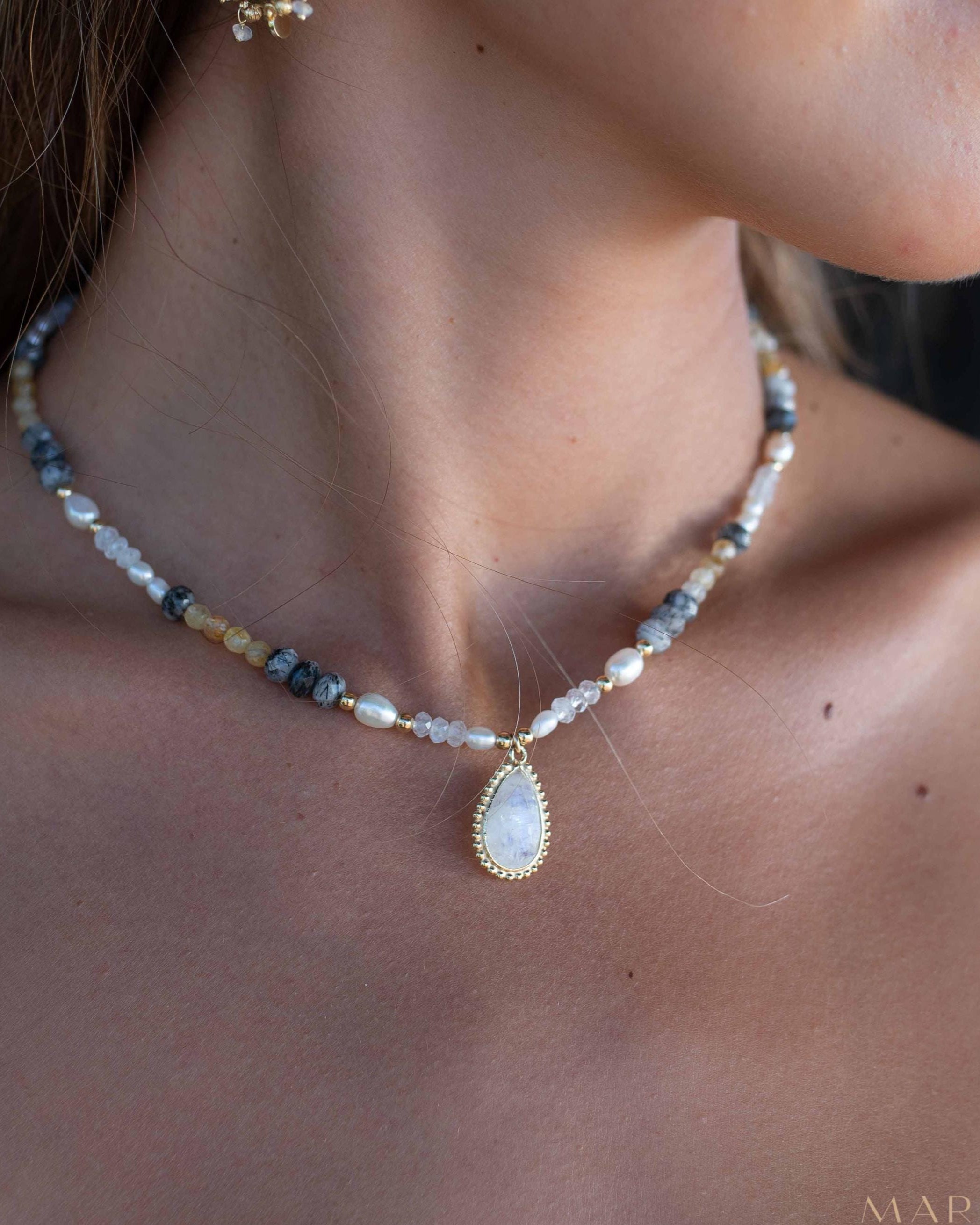 Mixed Gemstones bead necklace with moonstone pendant ~ Gold Plated or Sterling Silver ~ Pearl ~ Rutilated quartz ~ minimalist MN162