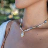 Mixed Gemstones bead necklace with moonstone pendant ~ Gold Plated or Sterling Silver ~ Pearl ~ Rutilated quartz ~ minimalist MN162