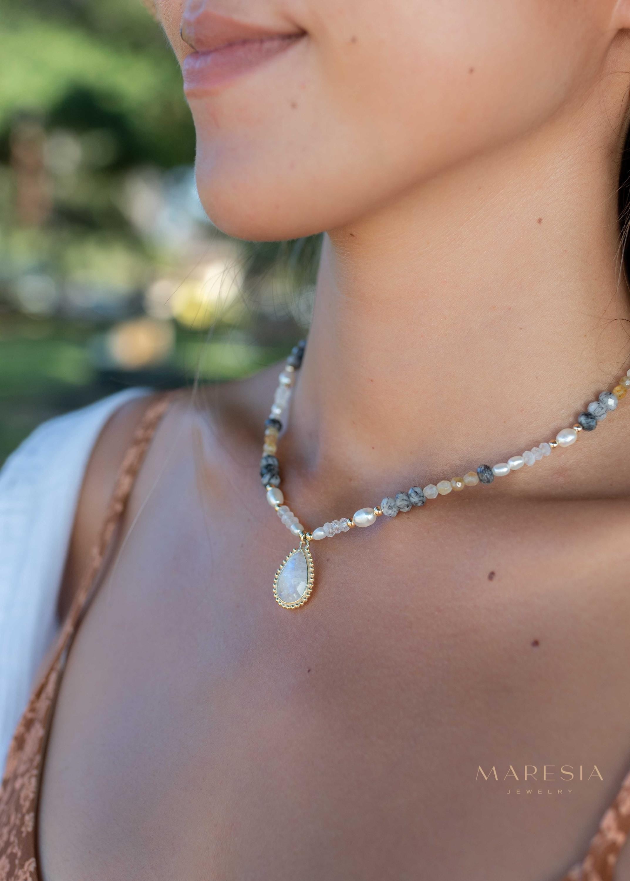 Mixed Gemstones bead necklace with moonstone pendant ~ Gold Plated or Sterling Silver ~ Pearl ~ Rutilated quartz ~ minimalist MN162