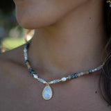 Mixed Gemstones bead necklace with moonstone pendant ~ Gold Plated or Sterling Silver ~ Pearl ~ Rutilated quartz ~ minimalist MN162
