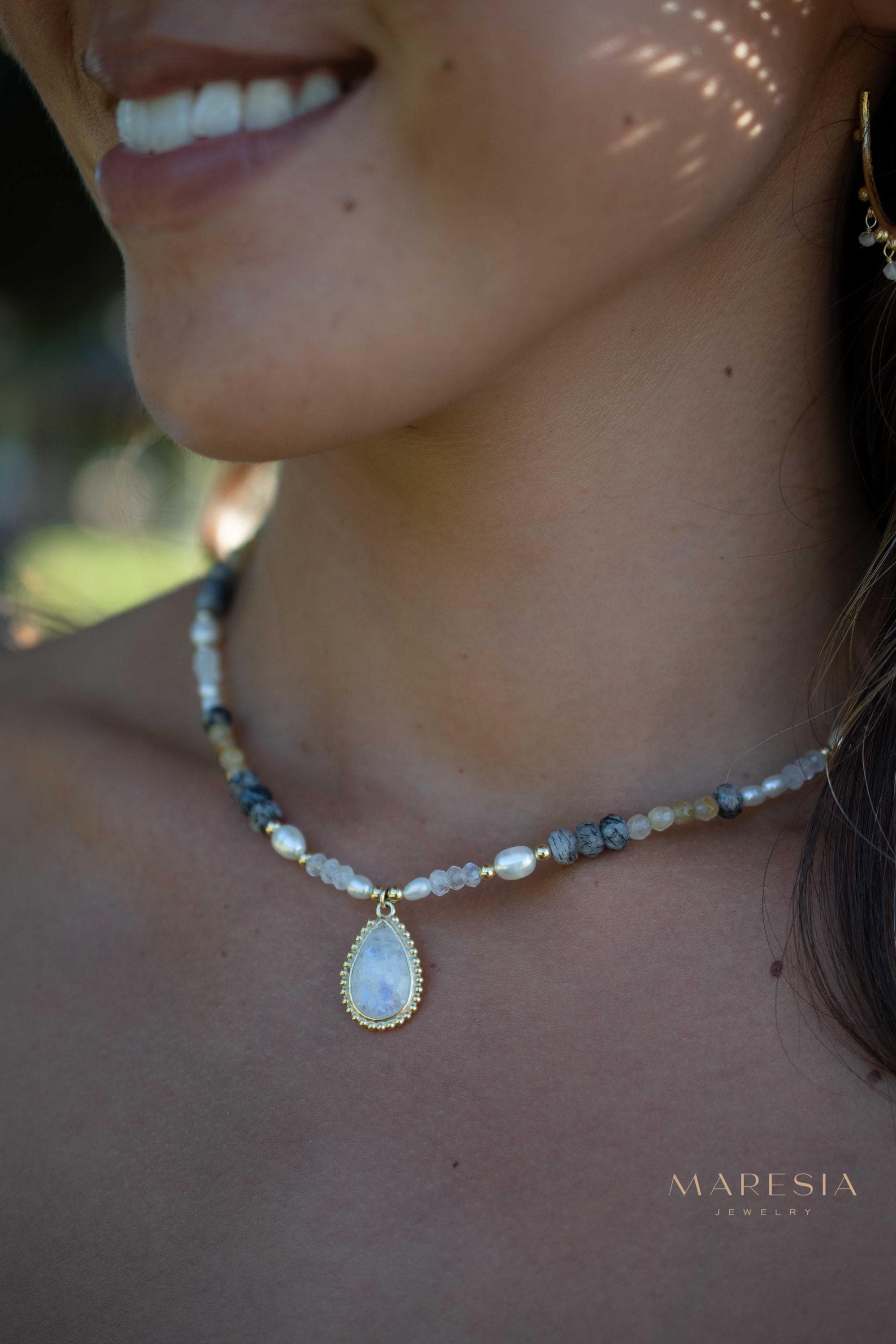 Mixed Gemstones bead necklace with moonstone pendant ~ Gold Plated or Sterling Silver ~ Pearl ~ Rutilated quartz ~ minimalist MN162