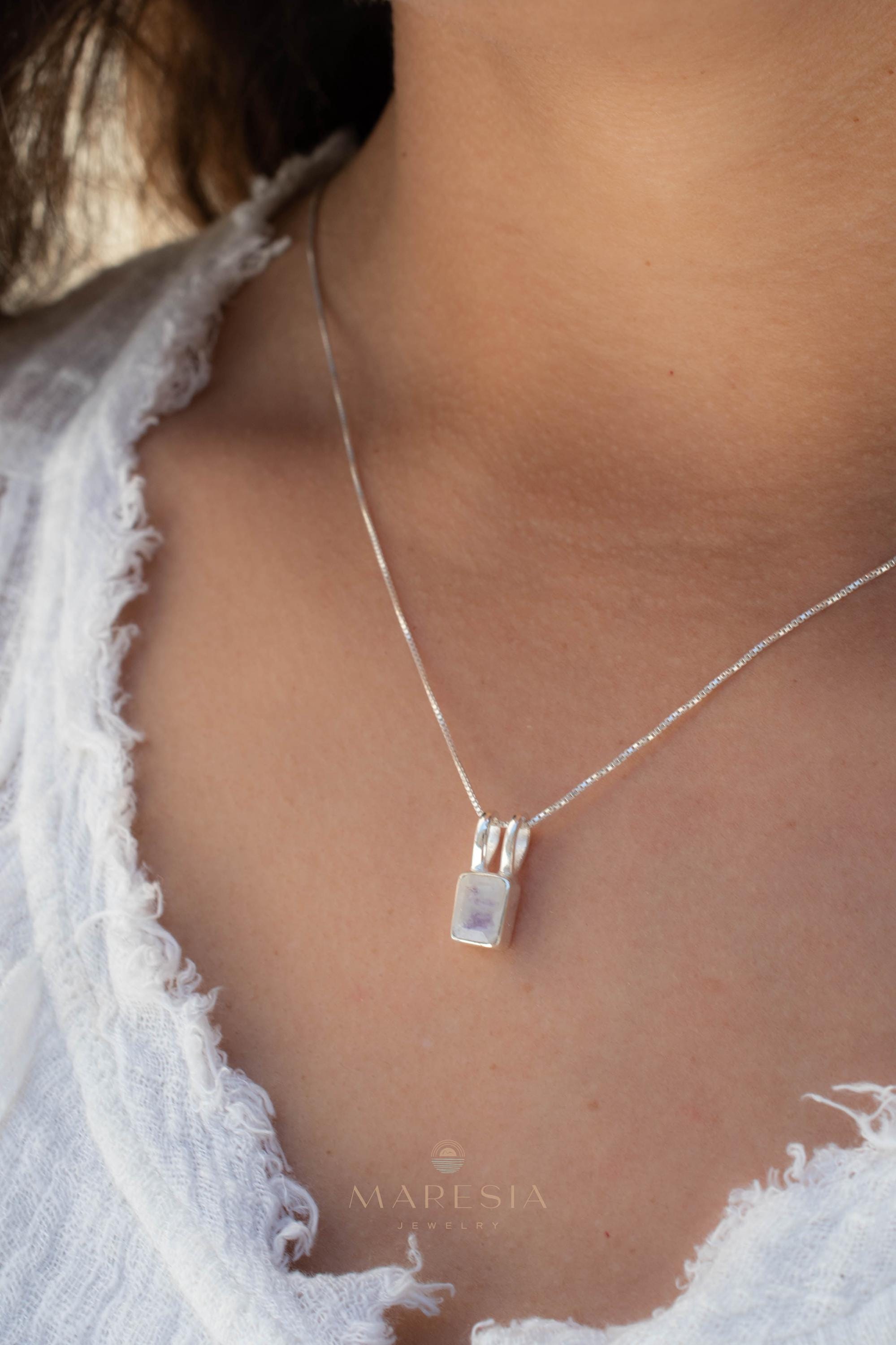 Aqua Chalcedony, Rose Quartz, Moonstone ~ Rectangular ~ Sterling Silver ~ Charm ~ Layered ~ minimalist ~ delicate MP021