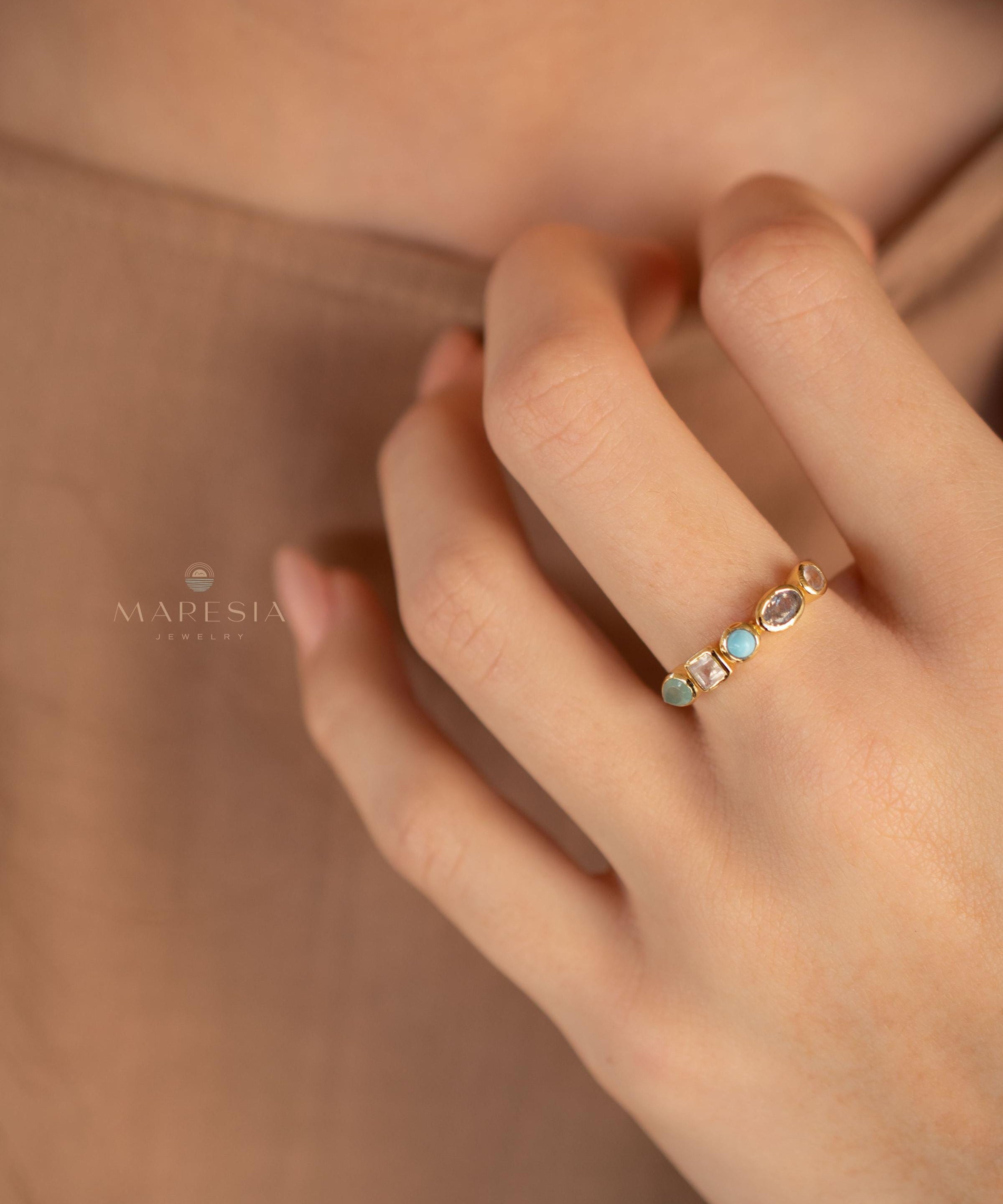 Aqua Chalcedony, Moonstone, Turquoise, Labradorite and Rose quartz Ring ~ genuine Stones ~ 18k Gold Plated~Mix Stones ~ Handmade~Boho ~MR362