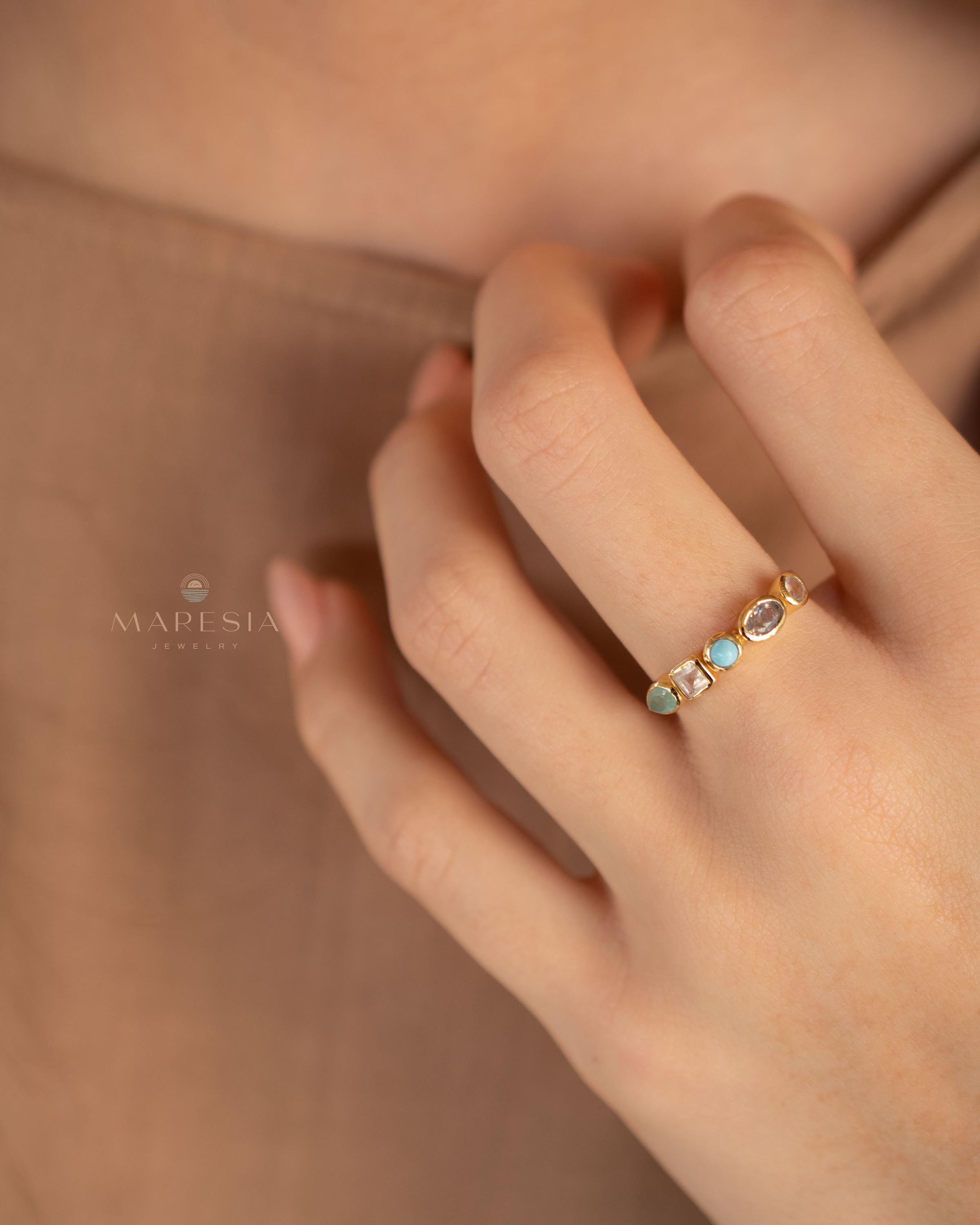 Aqua Chalcedony, Moonstone, Turquoise, Labradorite and Rose quartz Ring ~ genuine Stones ~ 18k Gold Plated~Mix Stones ~ Handmade~Boho ~MR362