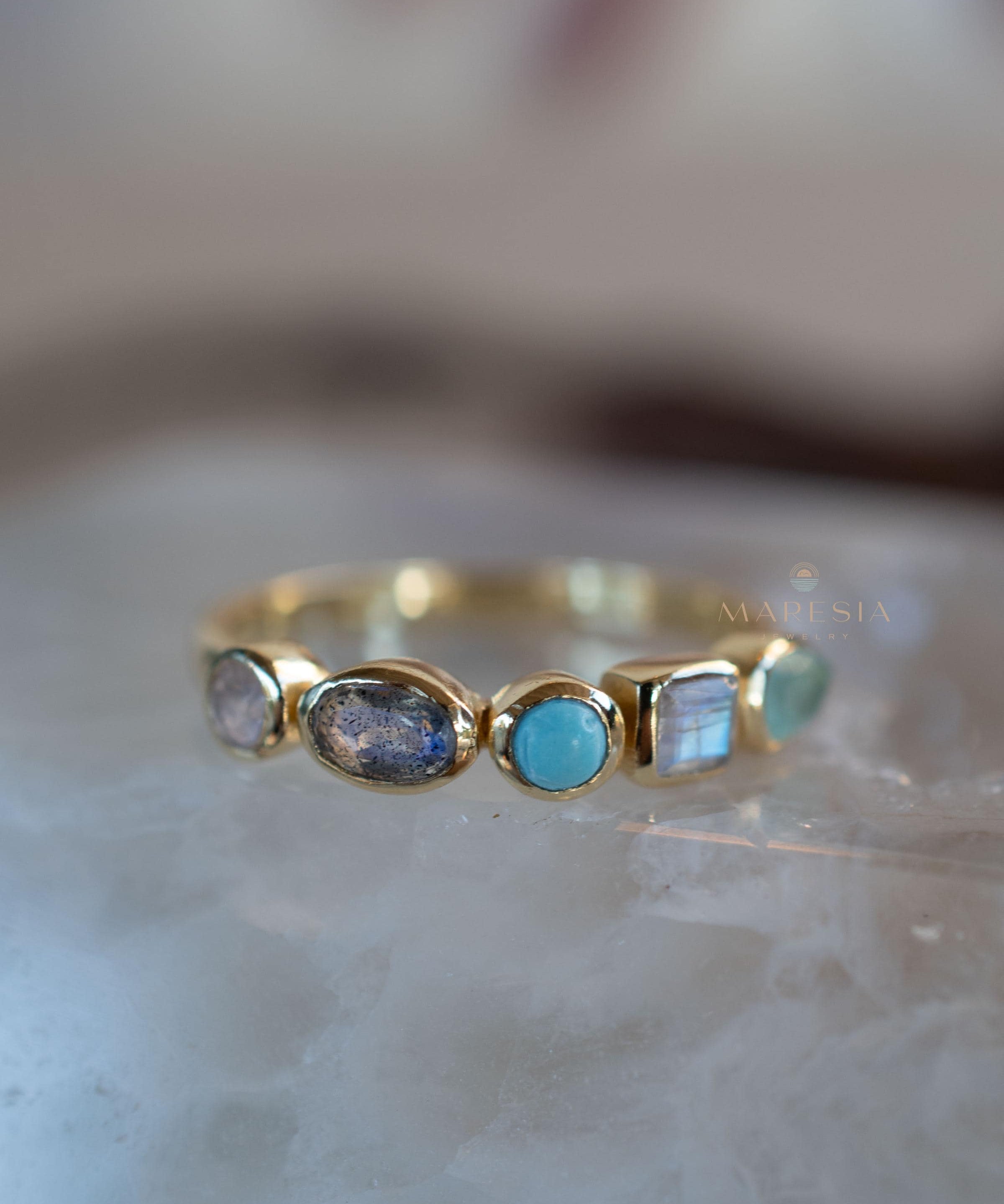Aqua Chalcedony, Moonstone, Turquoise, Labradorite and Rose quartz Ring ~ genuine Stones ~ 18k Gold Plated~Mix Stones ~ Handmade~Boho ~MR362