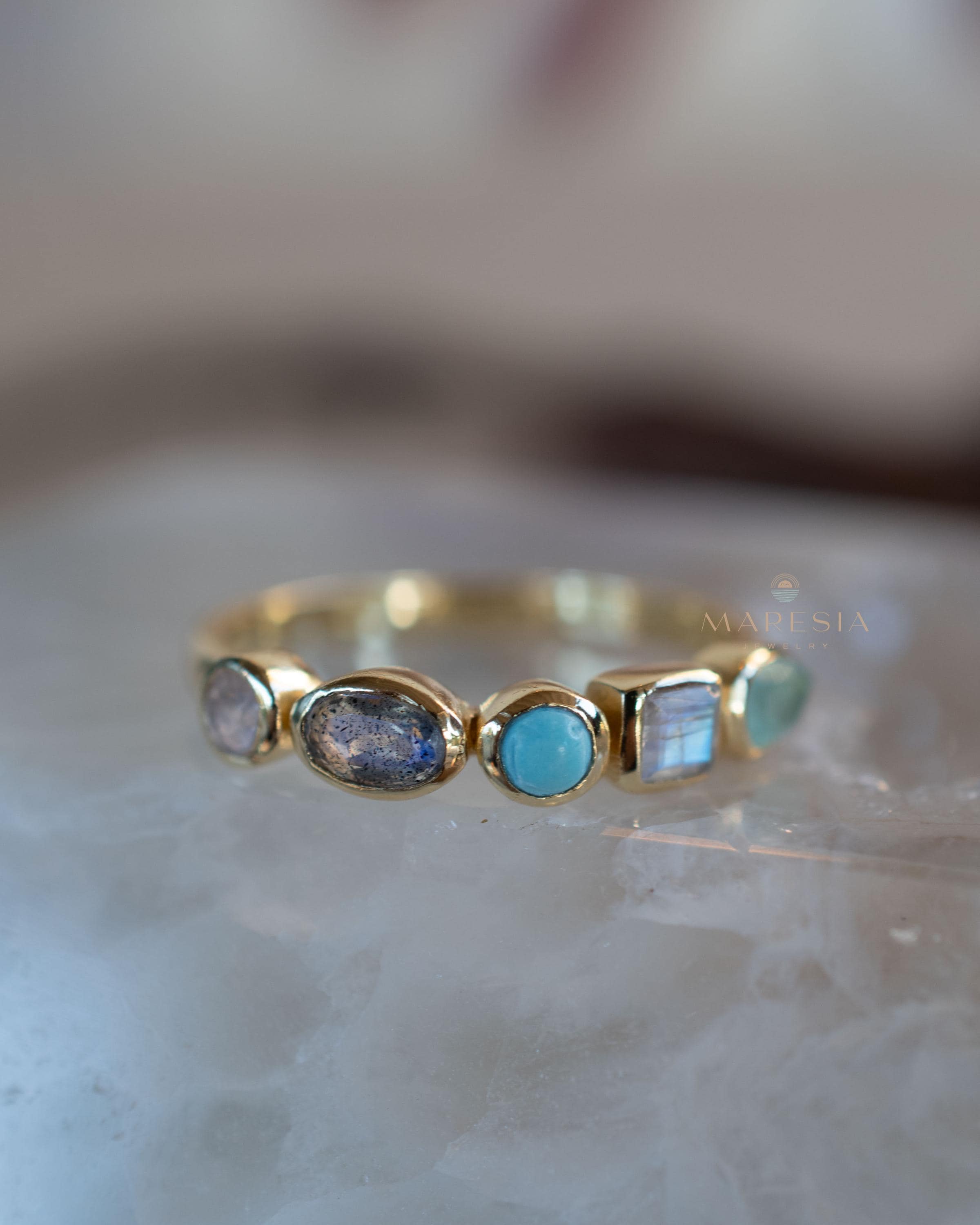 Aqua Chalcedony, Moonstone, Turquoise, Labradorite and Rose quartz Ring ~ genuine Stones ~ 18k Gold Plated~Mix Stones ~ Handmade~Boho ~MR362