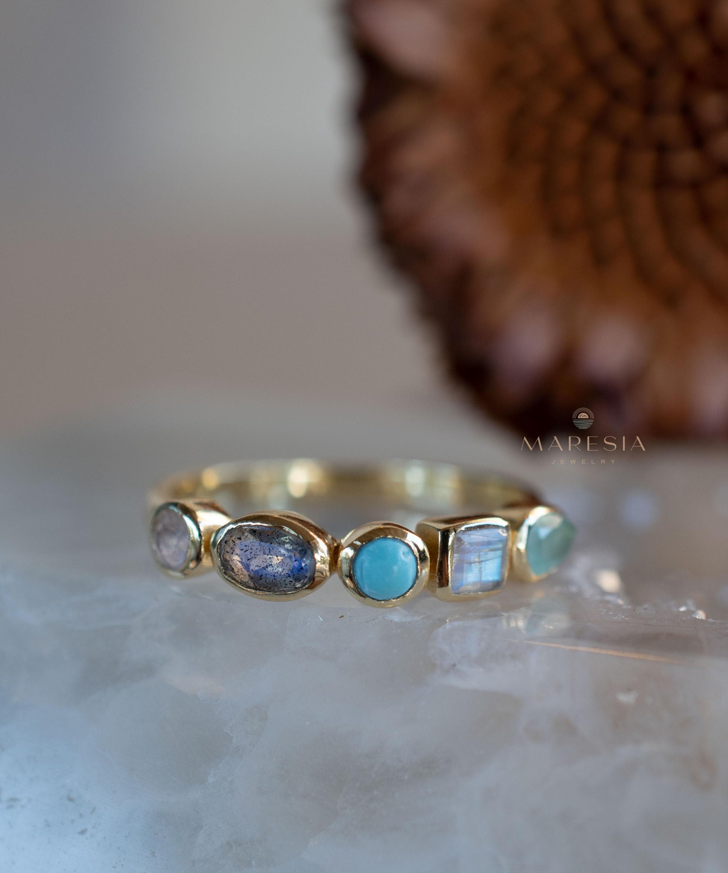 Aqua Chalcedony, Moonstone, Turquoise, Labradorite and Rose quartz Ring ~ genuine Stones ~ 18k Gold Plated~Mix Stones ~ Handmade~Boho ~MR362