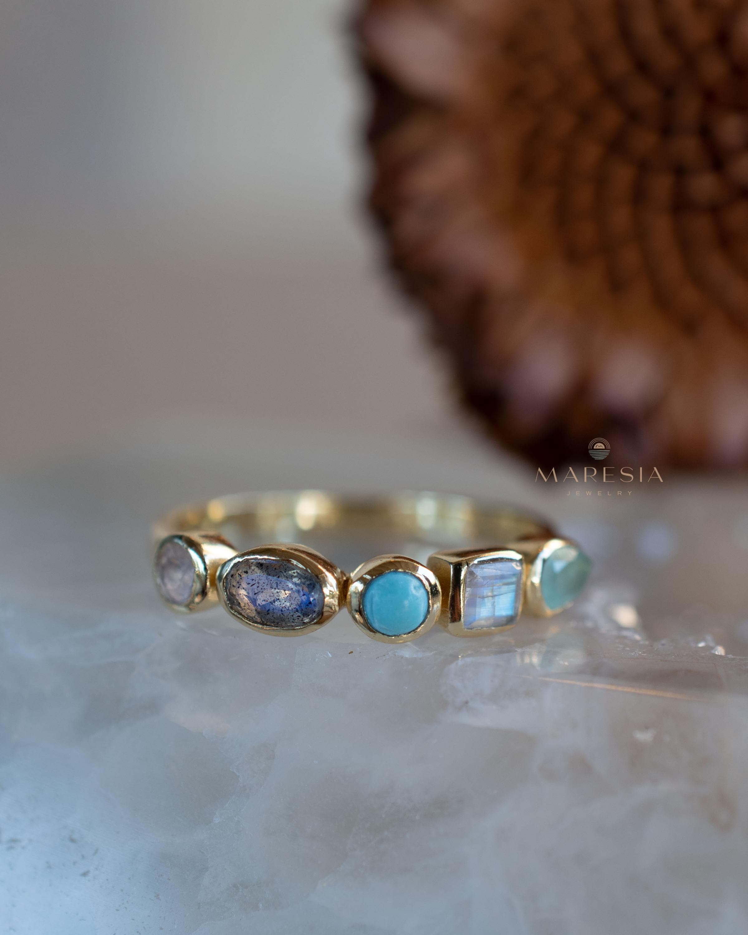 Aqua Chalcedony, Moonstone, Turquoise, Labradorite and Rose quartz Ring ~ genuine Stones ~ 18k Gold Plated~Mix Stones ~ Handmade~Boho ~MR362