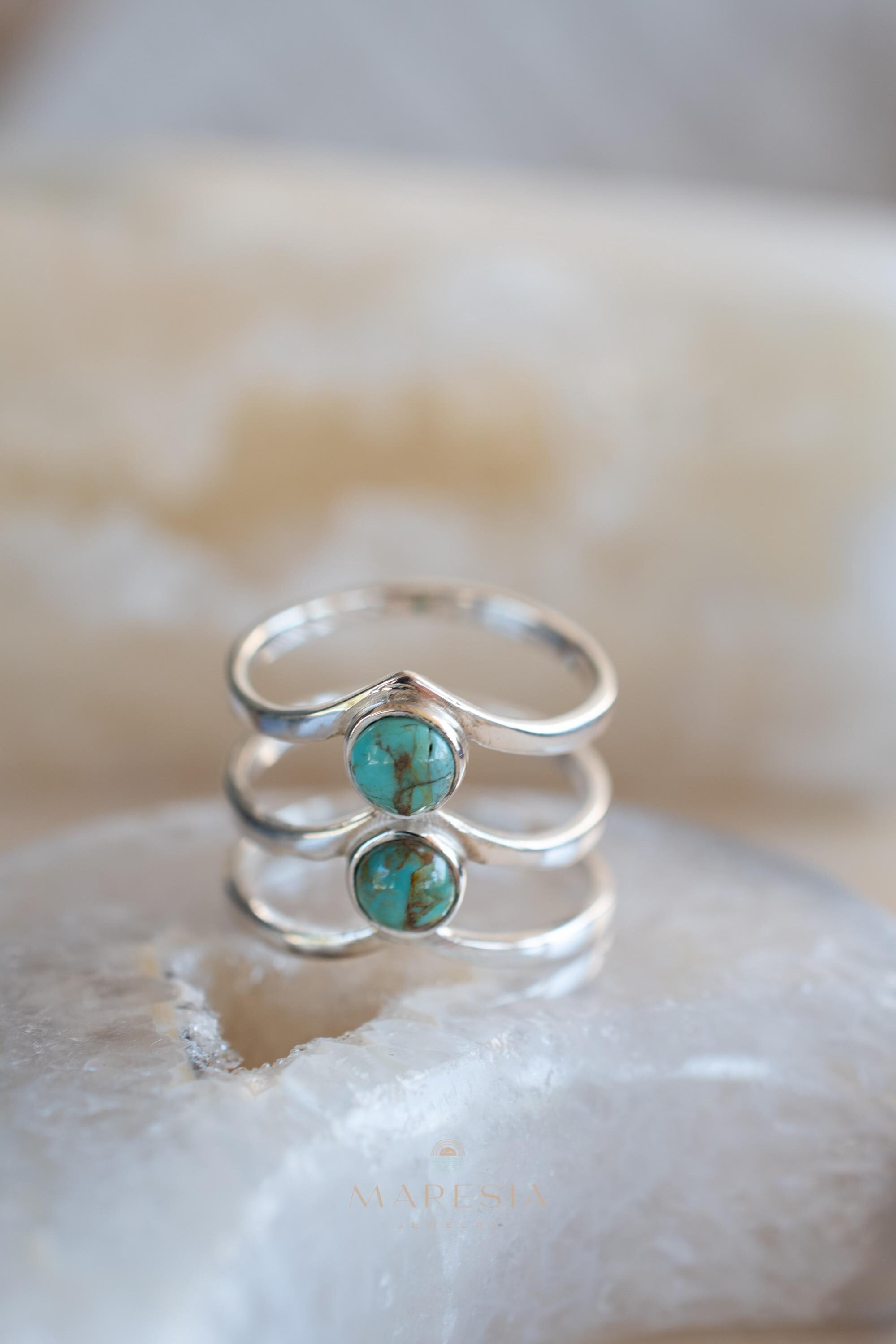 Turquoise Ring~ Triple Band ~Sterling Silver 925 ~ Handmade ~ Gemstone ~ Statement~December Birthstone MR204