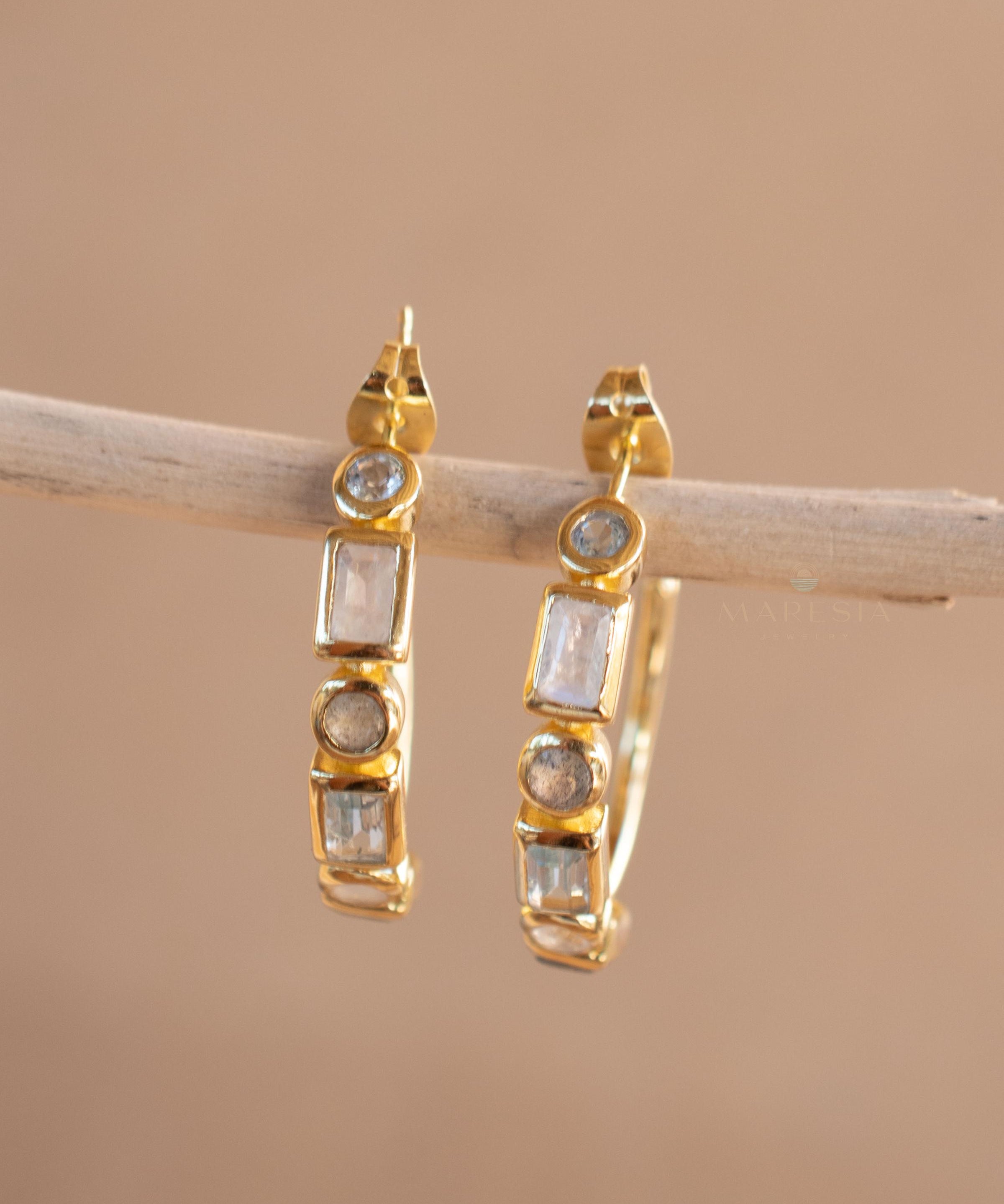 Blue topaz hydro, moonstone and labradorite ~ Hoop Earrings 18k Gold Plated Earrings ~ Gemstone ~ Post ~Boho ~ Handmade~Jewelry ME041