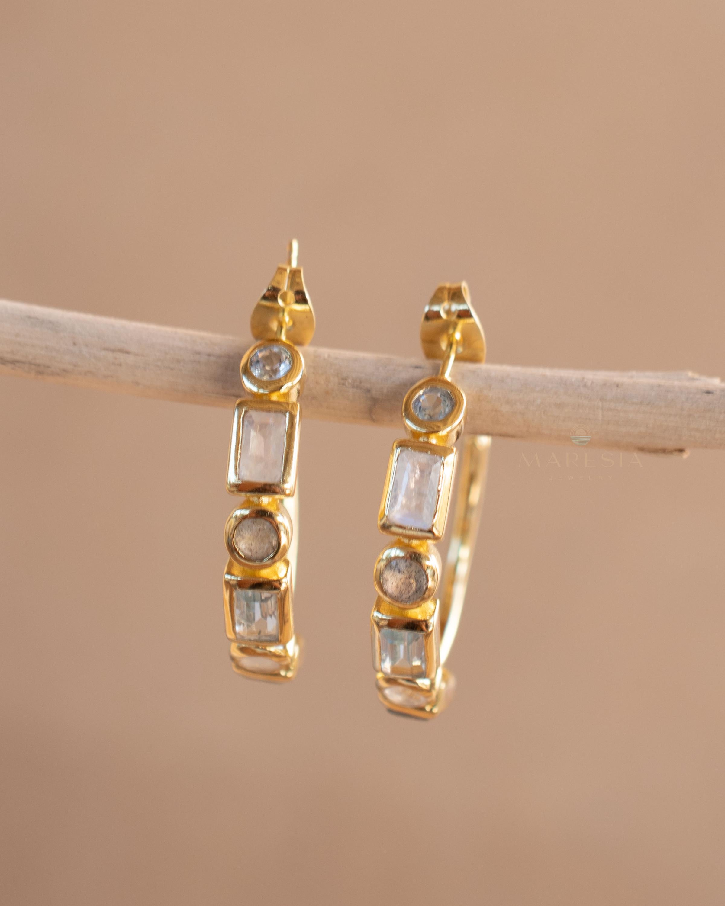 Blue topaz hydro, moonstone and labradorite ~ Hoop Earrings 18k Gold Plated Earrings ~ Gemstone ~ Post ~Boho ~ Handmade~Jewelry ME041