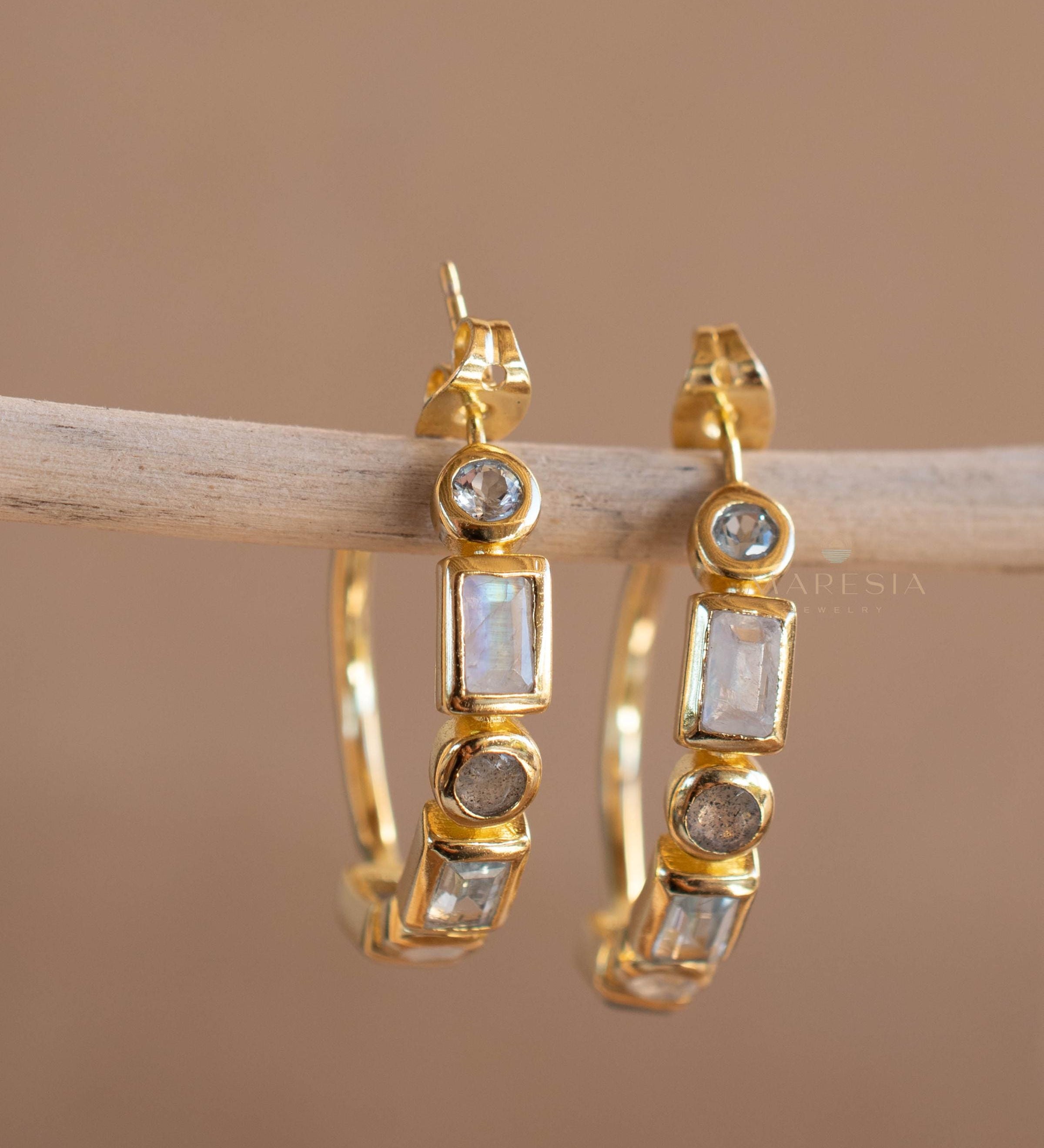 Blue topaz hydro, moonstone and labradorite ~ Hoop Earrings 18k Gold Plated Earrings ~ Gemstone ~ Post ~Boho ~ Handmade~Jewelry ME041