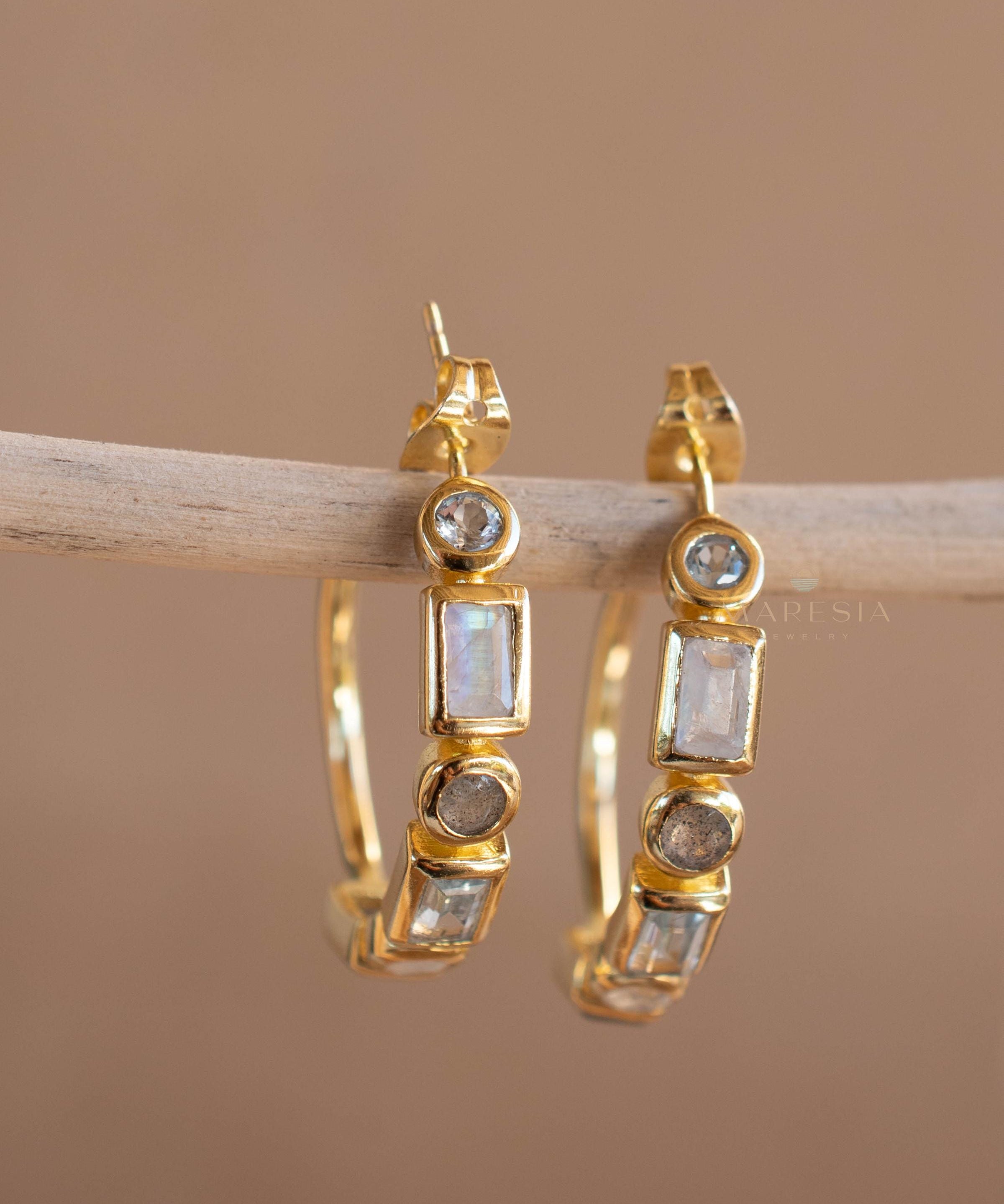 Blue topaz hydro, moonstone and labradorite ~ Hoop Earrings 18k Gold Plated Earrings ~ Gemstone ~ Post ~Boho ~ Handmade~Jewelry ME041