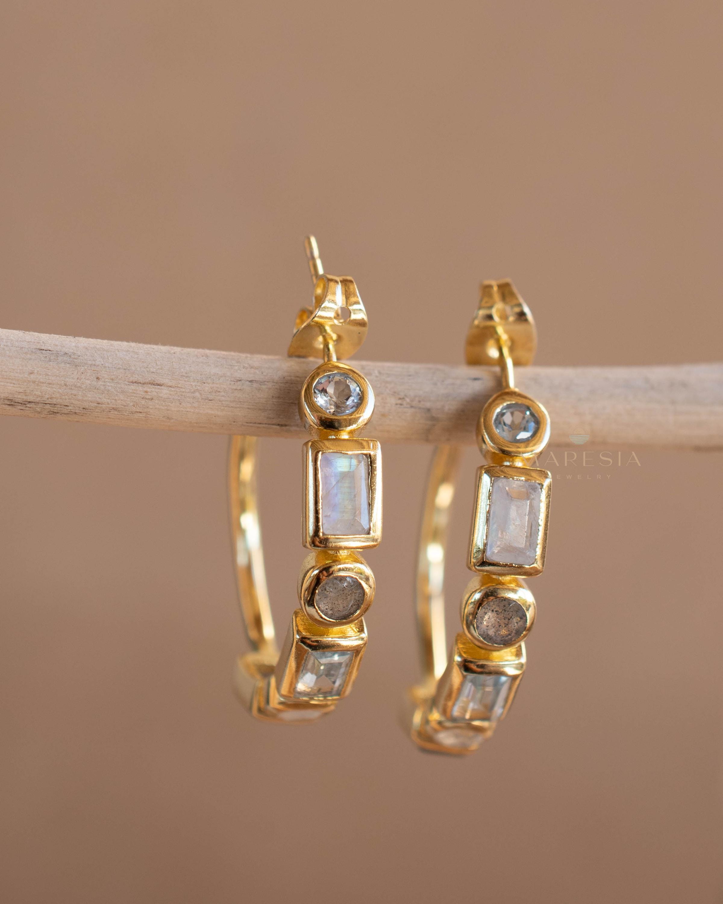 Blue topaz hydro, moonstone and labradorite ~ Hoop Earrings 18k Gold Plated Earrings ~ Gemstone ~ Post ~Boho ~ Handmade~Jewelry ME041