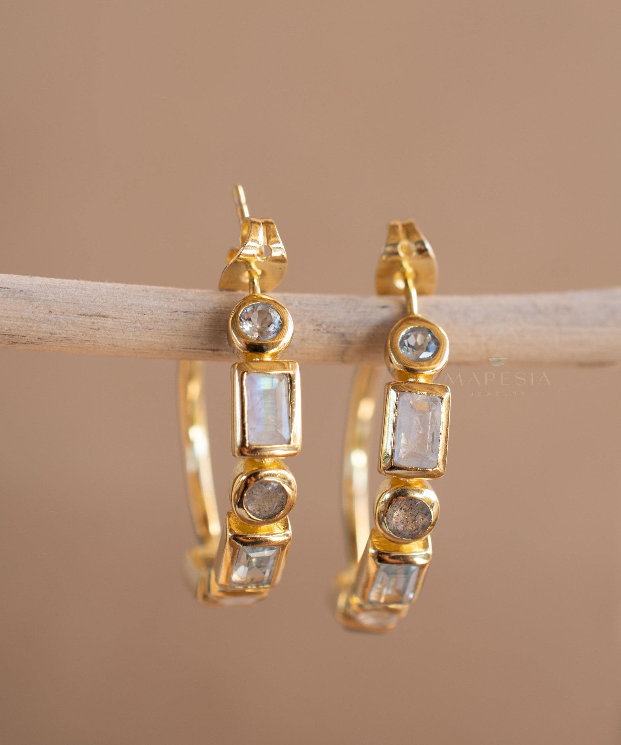 Blue topaz hydro, moonstone and labradorite ~ Hoop Earrings 18k Gold Plated Earrings ~ Gemstone ~ Post ~Boho ~ Handmade~Jewelry ME041
