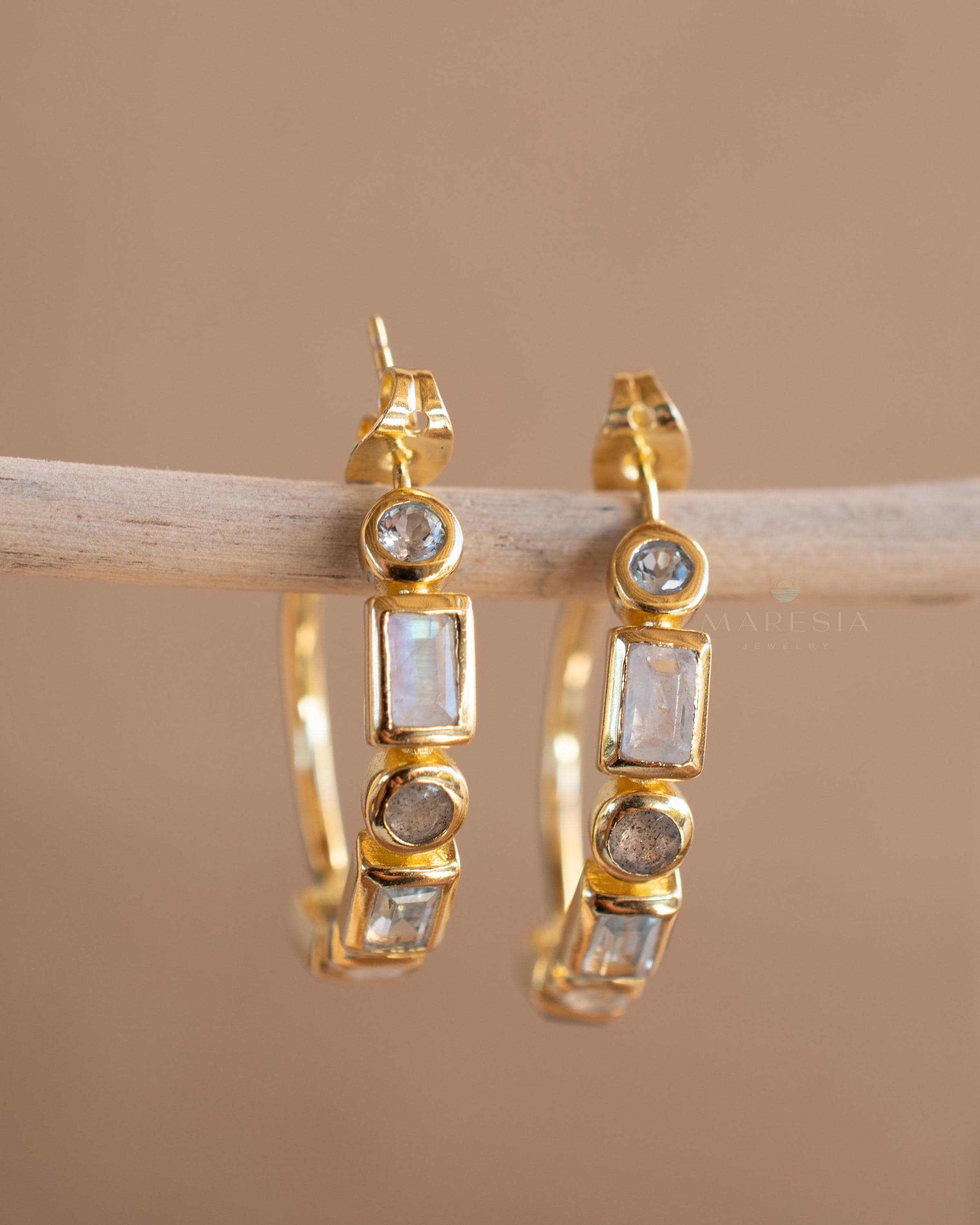 Blue topaz hydro, moonstone and labradorite ~ Hoop Earrings 18k Gold Plated Earrings ~ Gemstone ~ Post ~Boho ~ Handmade~Jewelry ME041