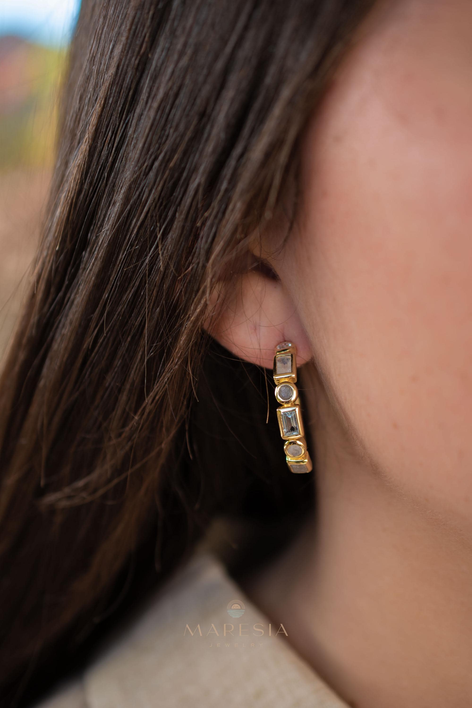 Blue topaz hydro, moonstone and labradorite ~ Hoop Earrings 18k Gold Plated Earrings ~ Gemstone ~ Post ~Boho ~ Handmade~Jewelry ME041