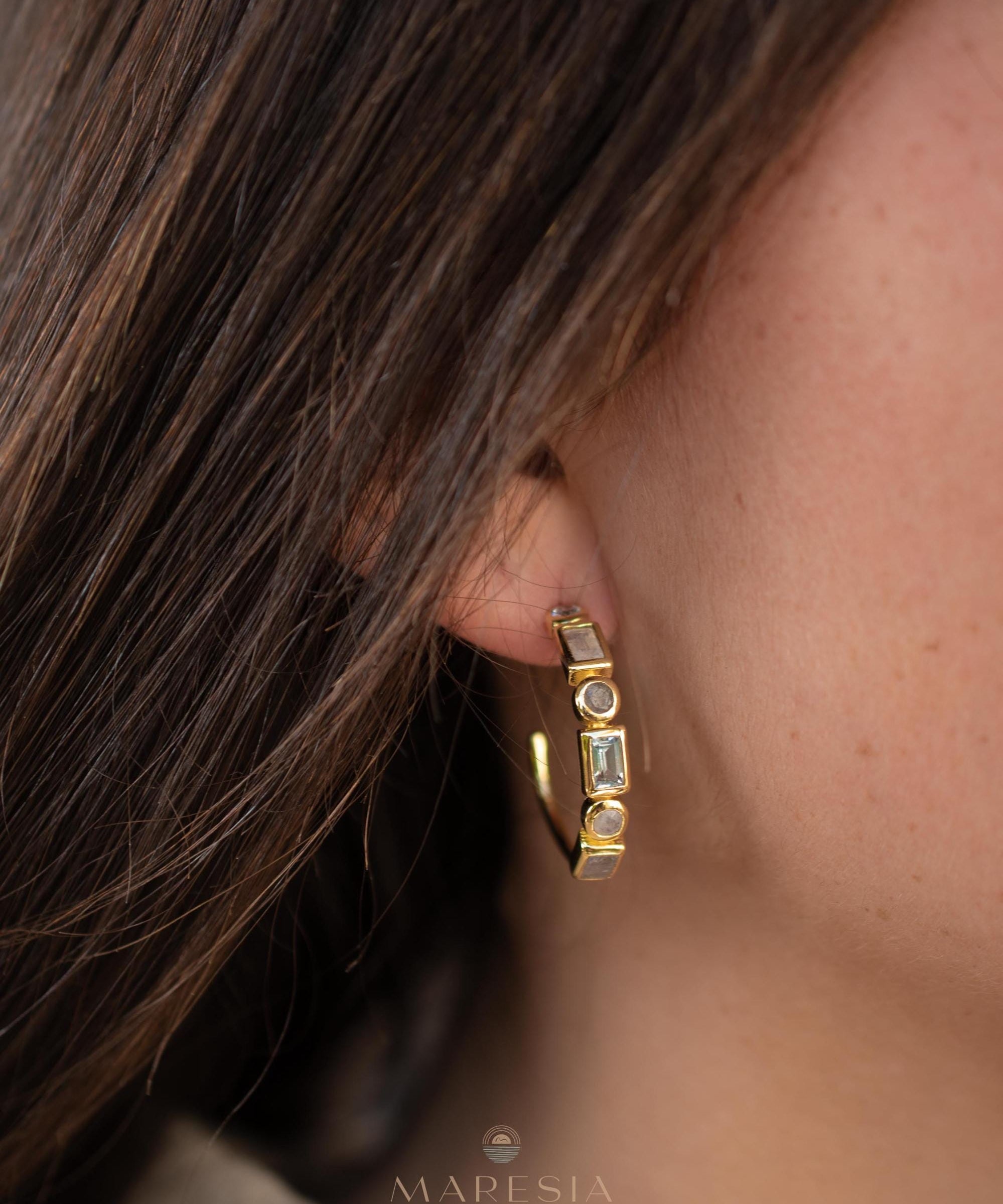 Blue topaz hydro, moonstone and labradorite ~ Hoop Earrings 18k Gold Plated Earrings ~ Gemstone ~ Post ~Boho ~ Handmade~Jewelry ME041