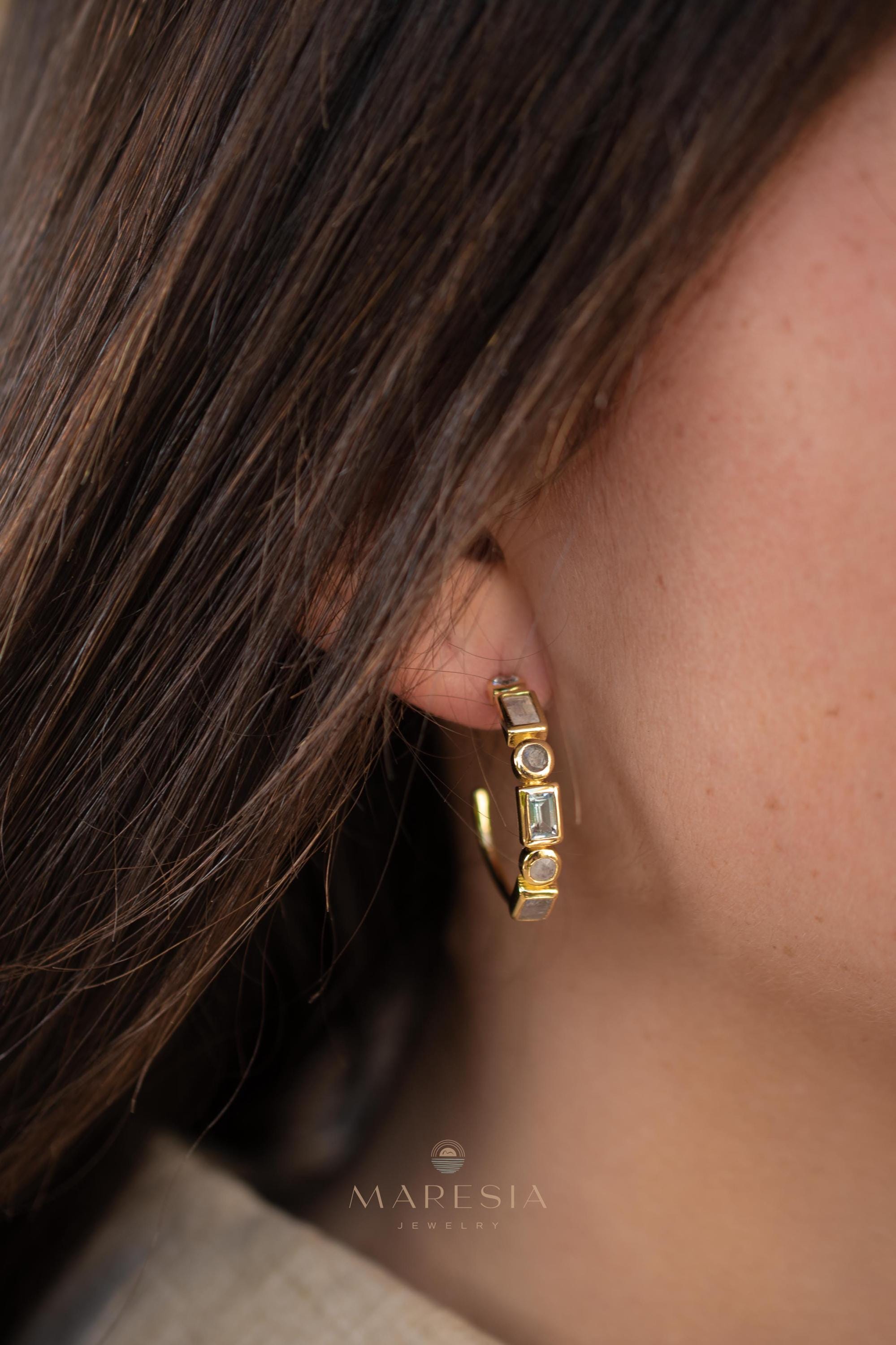 Blue topaz hydro, moonstone and labradorite ~ Hoop Earrings 18k Gold Plated Earrings ~ Gemstone ~ Post ~Boho ~ Handmade~Jewelry ME041
