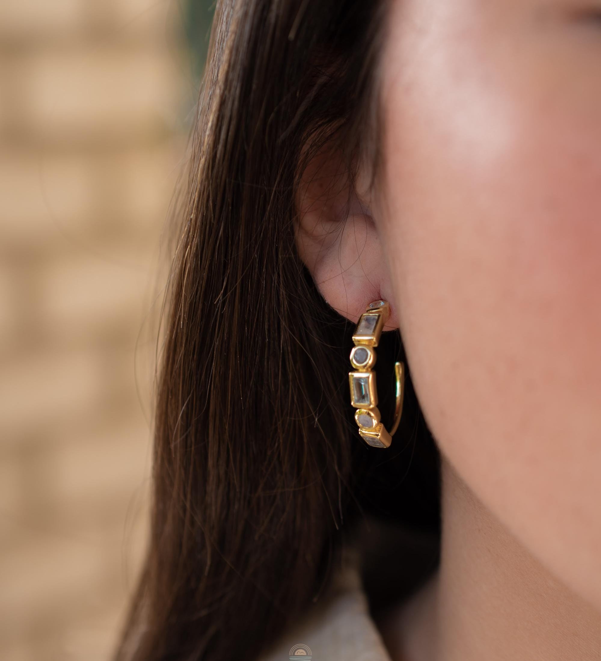 Blue topaz hydro, moonstone and labradorite ~ Hoop Earrings 18k Gold Plated Earrings ~ Gemstone ~ Post ~Boho ~ Handmade~Jewelry ME041
