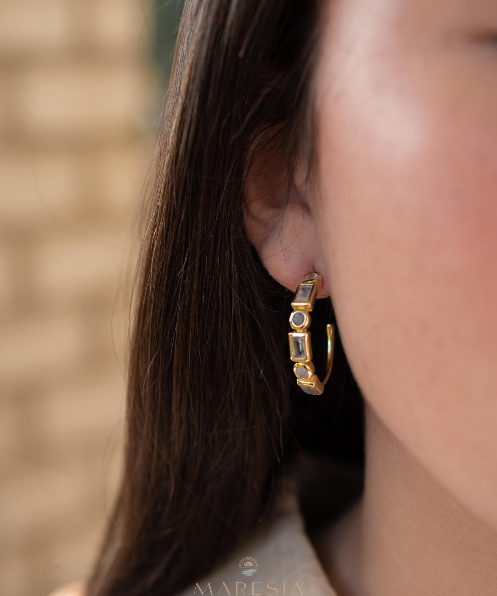 Blue topaz hydro, moonstone and labradorite ~ Hoop Earrings 18k Gold Plated Earrings ~ Gemstone ~ Post ~Boho ~ Handmade~Jewelry ME041