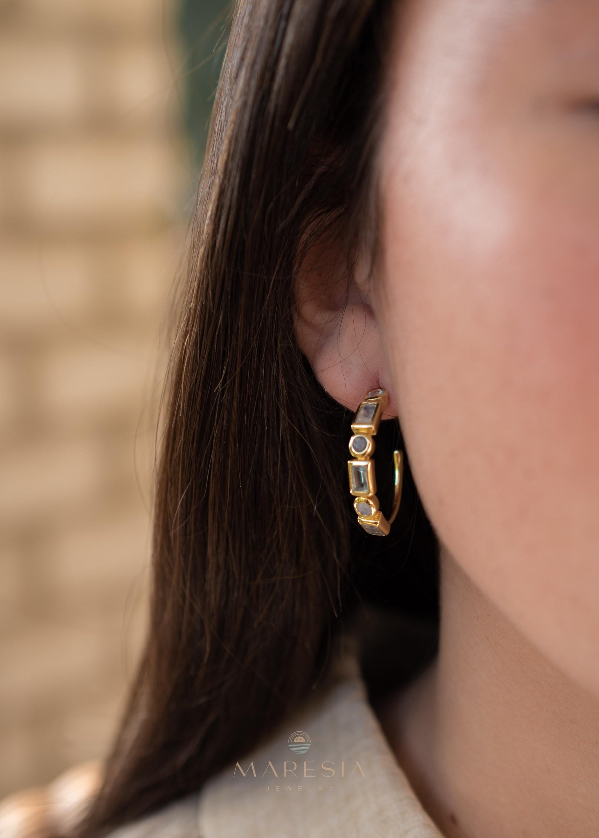 Blue topaz hydro, moonstone and labradorite ~ Hoop Earrings 18k Gold Plated Earrings ~ Gemstone ~ Post ~Boho ~ Handmade~Jewelry ME041
