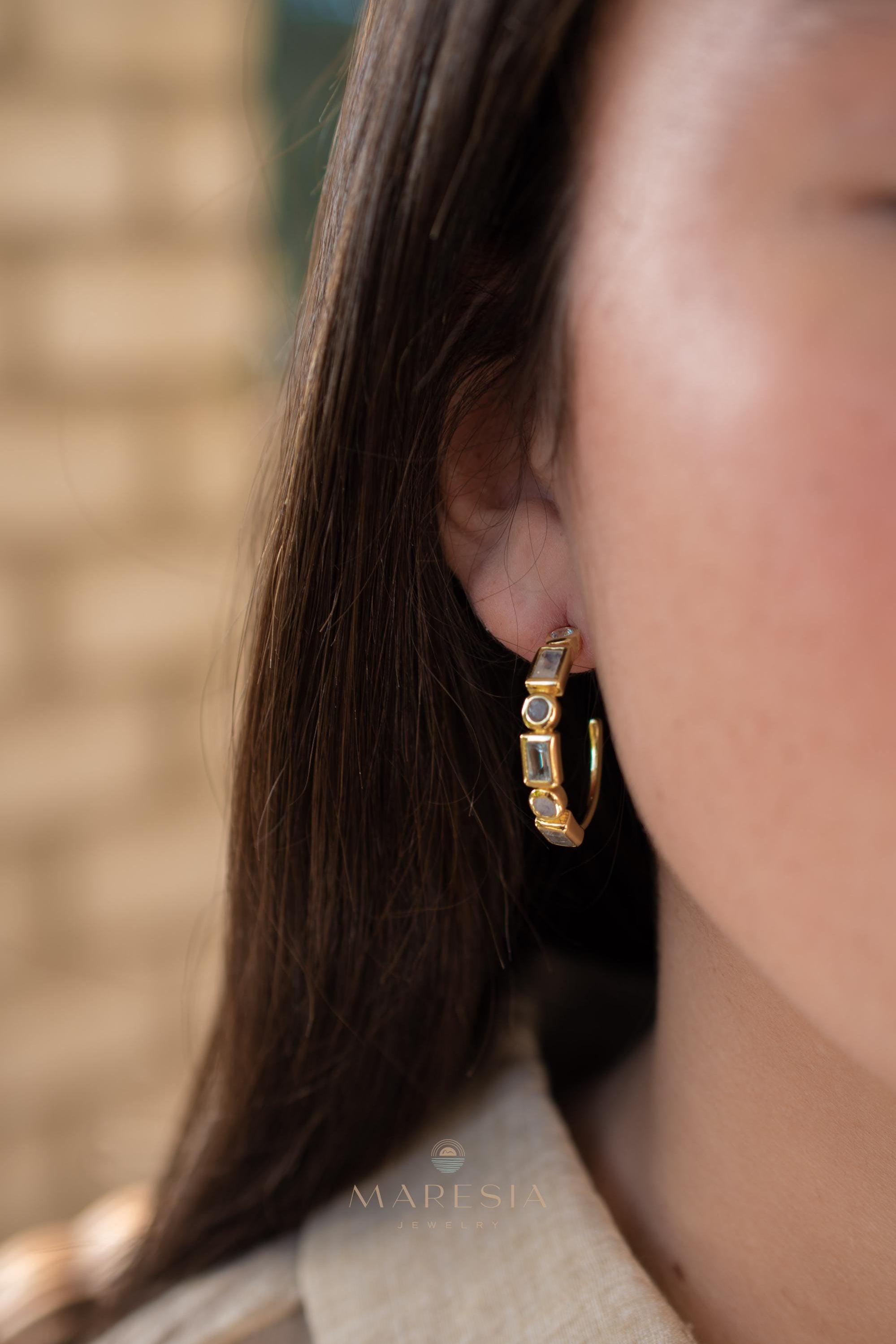 Blue topaz hydro, moonstone and labradorite ~ Hoop Earrings 18k Gold Plated Earrings ~ Gemstone ~ Post ~Boho ~ Handmade~Jewelry ME041
