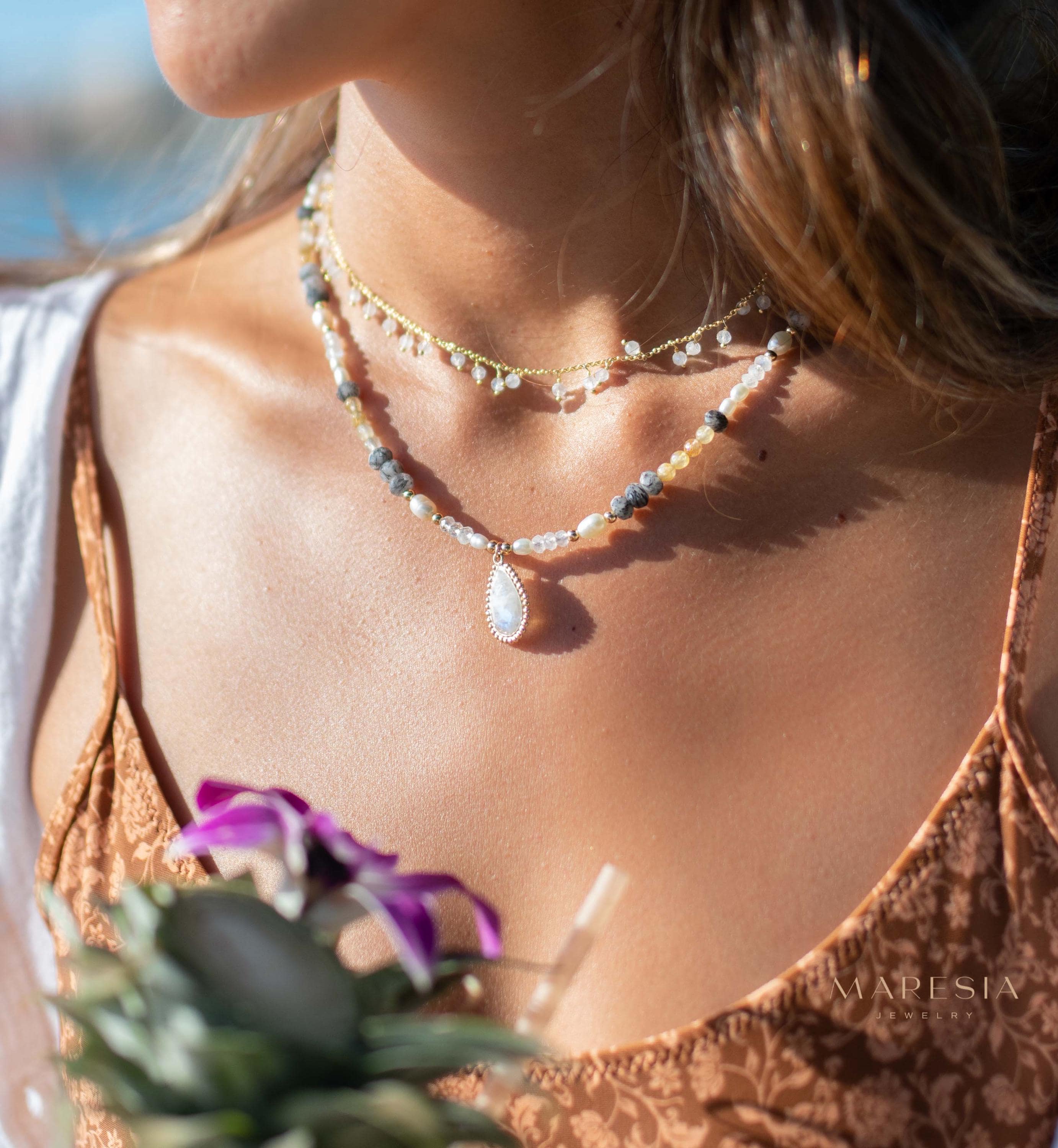 Mixed Gemstones bead necklace with moonstone pendant ~ Gold Plated or Sterling Silver ~ Pearl ~ Rutilated quartz ~ minimalist MN162