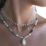 Mixed Gemstones bead necklace with moonstone pendant ~ Gold Plated or Sterling Silver ~ Pearl ~ Rutilated quartz ~ minimalist MN162