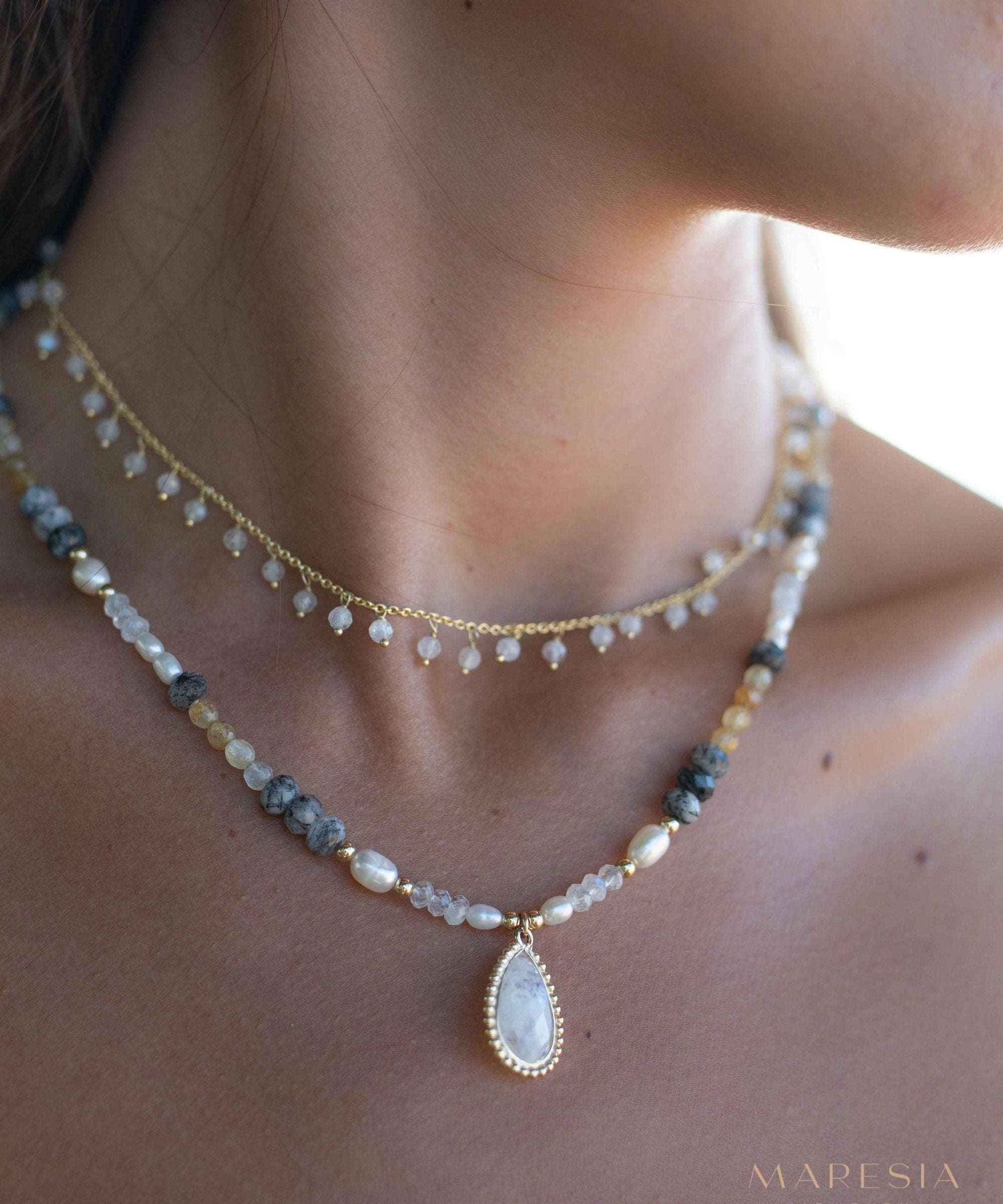Mixed Gemstones bead necklace with moonstone pendant ~ Gold Plated or Sterling Silver ~ Pearl ~ Rutilated quartz ~ minimalist MN162