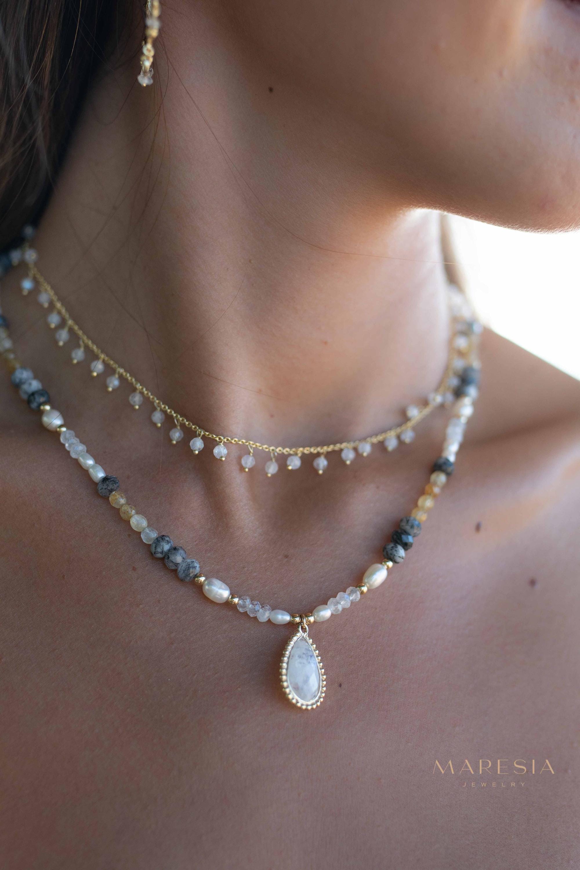 Mixed Gemstones bead necklace with moonstone pendant ~ Gold Plated or Sterling Silver ~ Pearl ~ Rutilated quartz ~ minimalist MN162
