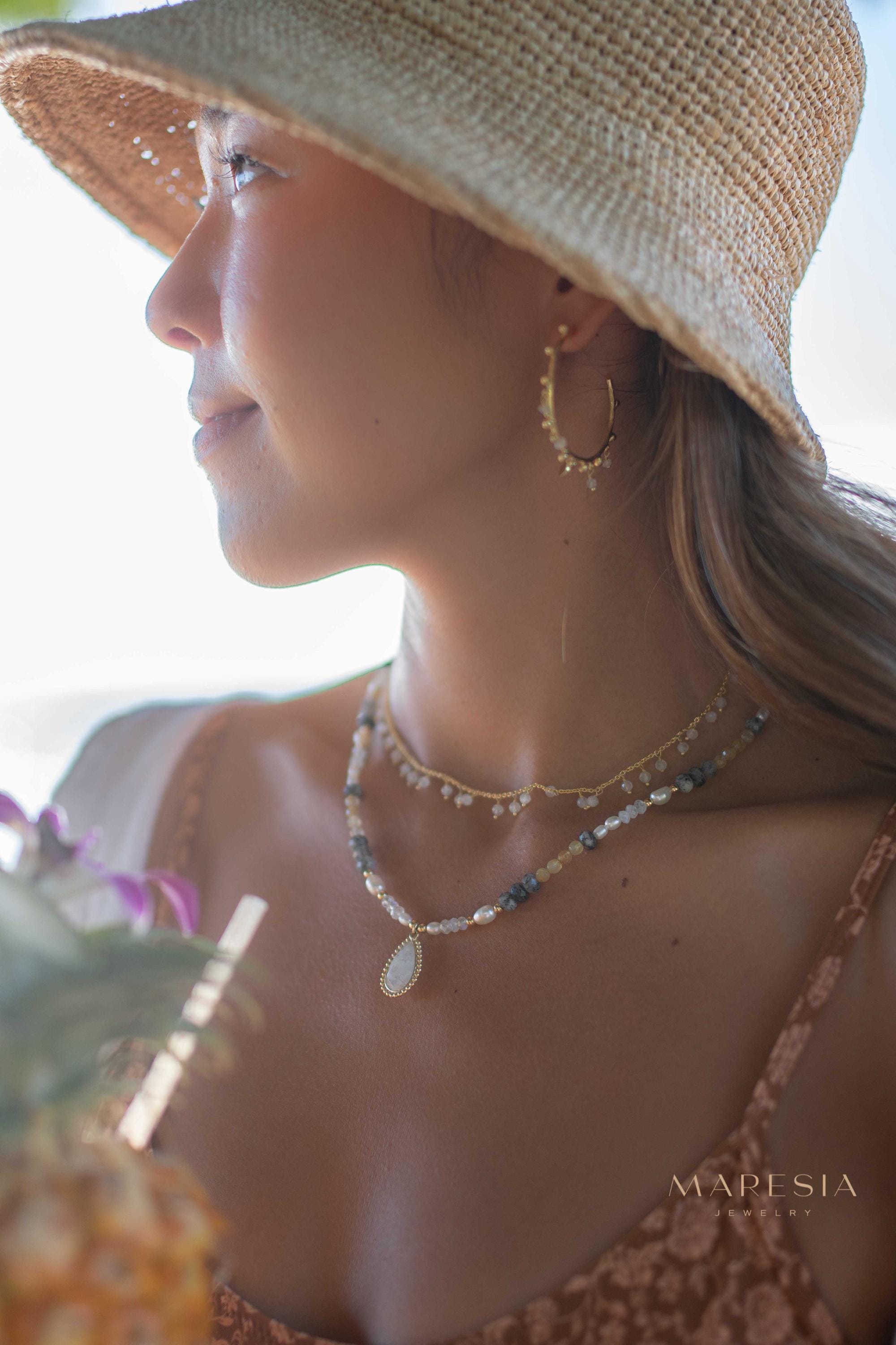 Mixed Gemstones bead necklace with moonstone pendant ~ Gold Plated or Sterling Silver ~ Pearl ~ Rutilated quartz ~ minimalist MN162