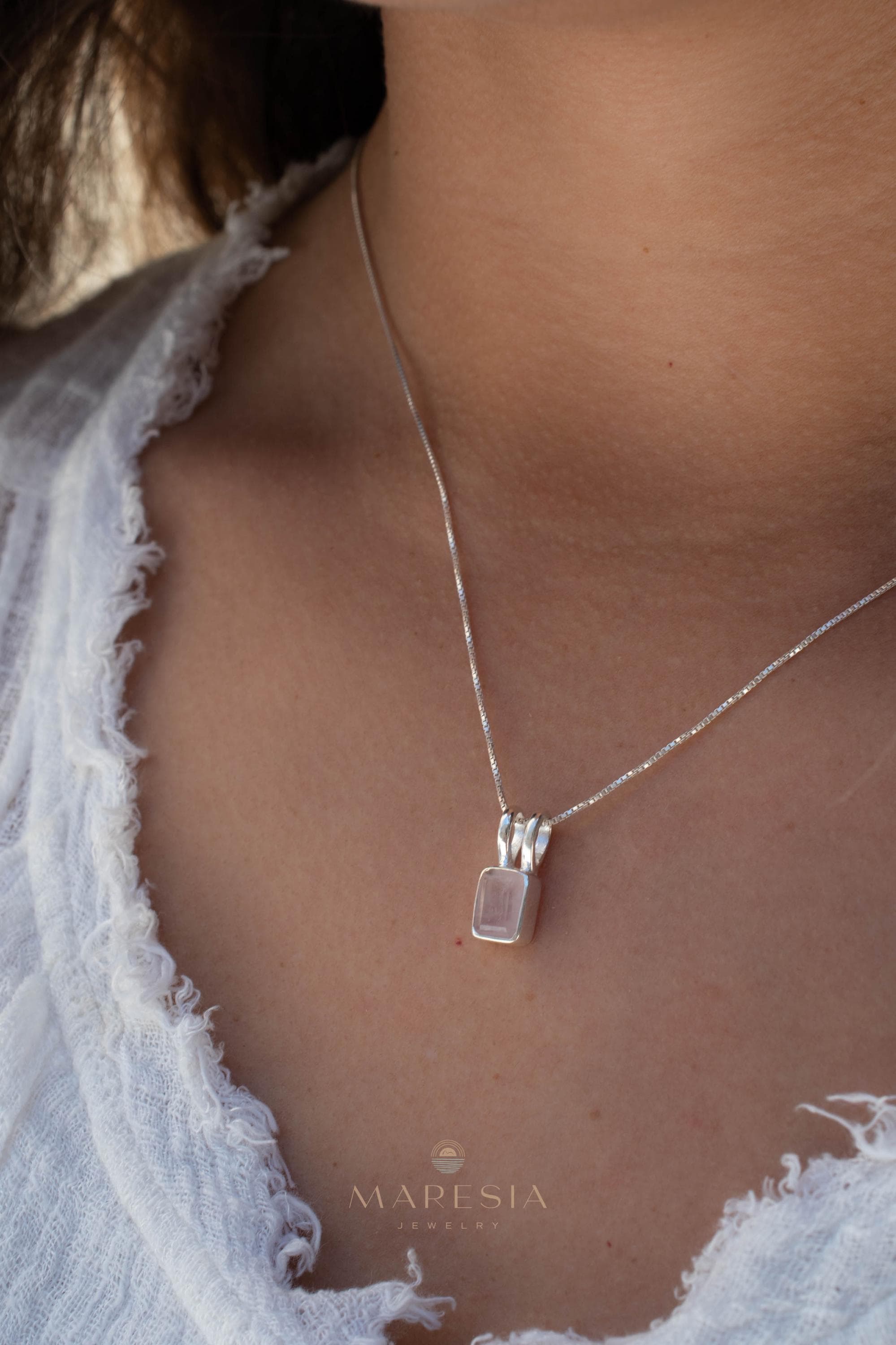 Aqua Chalcedony, Rose Quartz, Moonstone ~ Rectangular ~ Sterling Silver ~ Charm ~ Layered ~ minimalist ~ delicate MP021