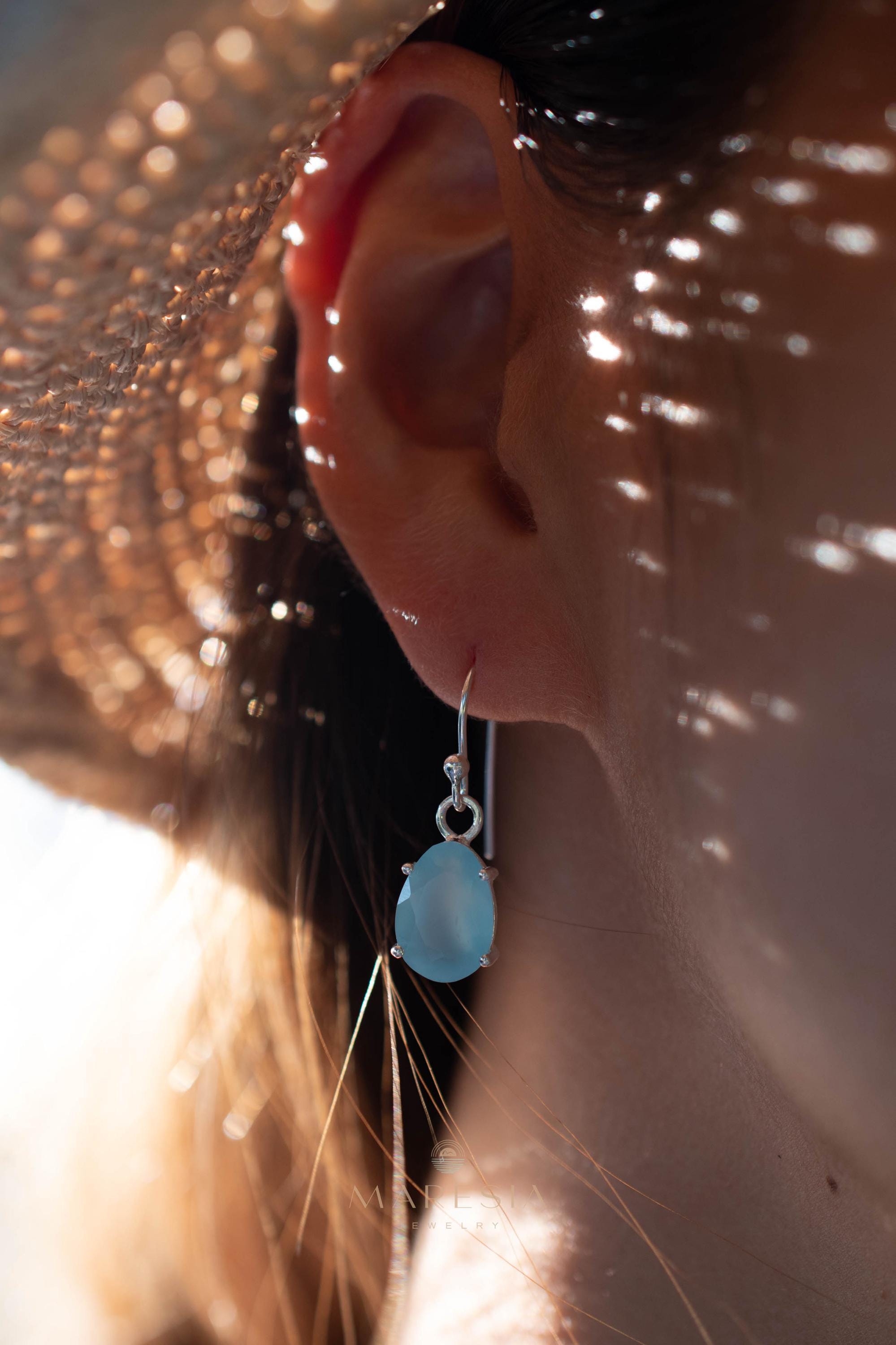 Aqua Chalcedony Earrings~ Sterling Silver 925 ~Dangle Earrings ~Silver Earrings ~Teal Chalcedony ~Tear Drop Gemstone ~ Natural Stone ~ ME009