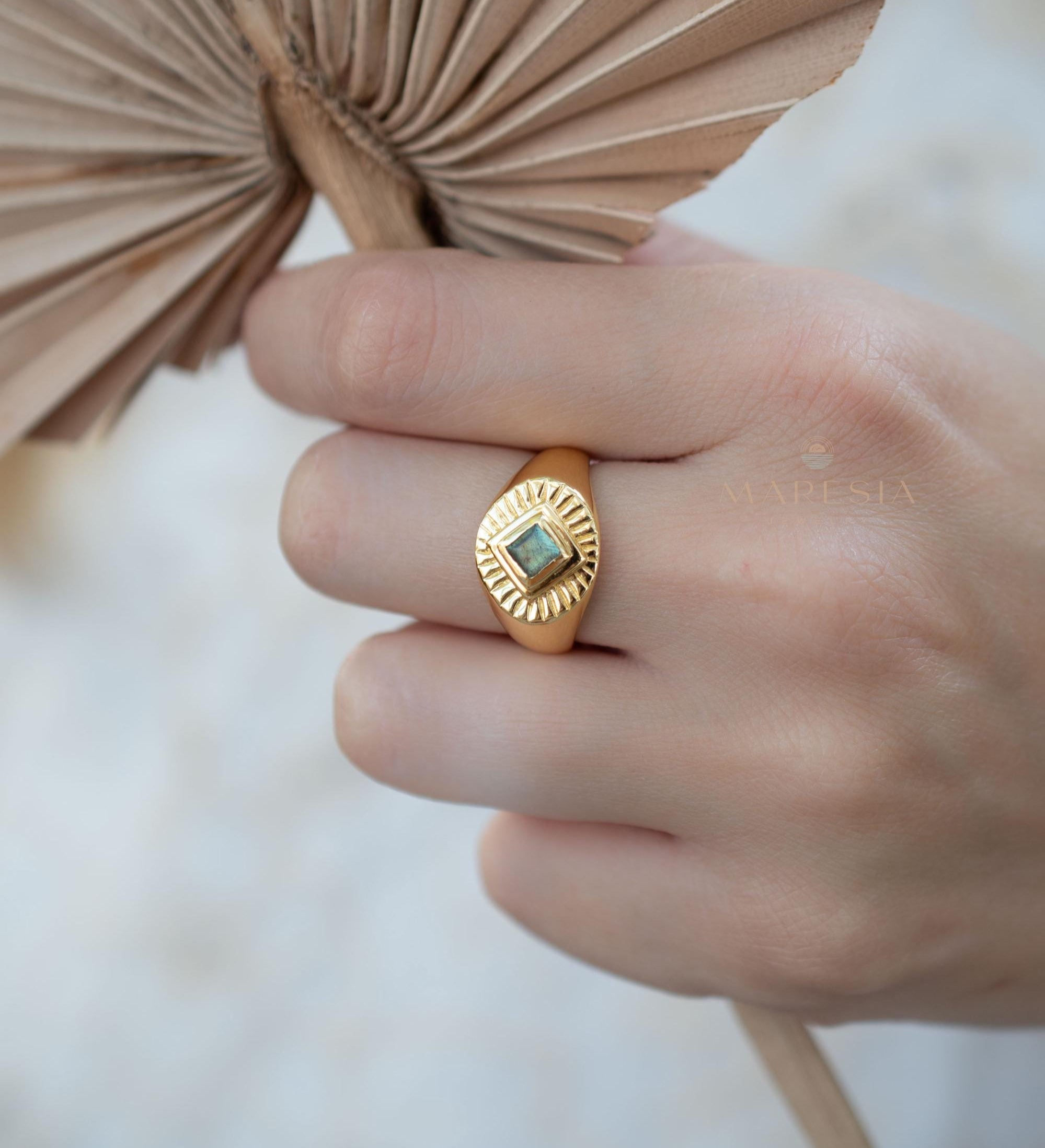 Rainbow Labradorite Ring ~ Rectangular Stone~ Gemstone ~ Natural ~ 18k Gold Plated ~ Jewelry ~ Handmade ~ February Birthstone ~ MR357