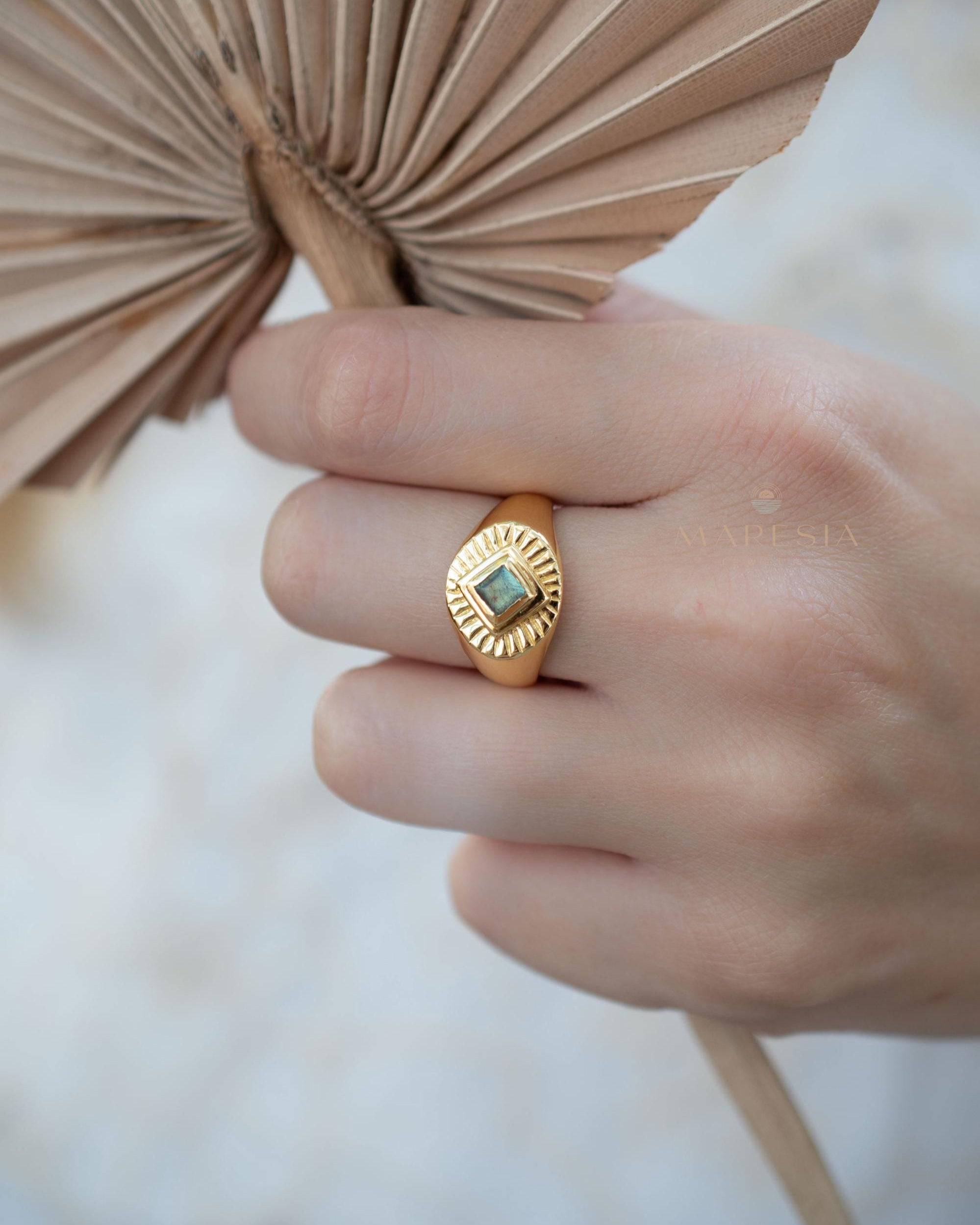 Rainbow Labradorite Ring ~ Rectangular Stone~ Gemstone ~ Natural ~ 18k Gold Plated ~ Jewelry ~ Handmade ~ February Birthstone ~ MR357