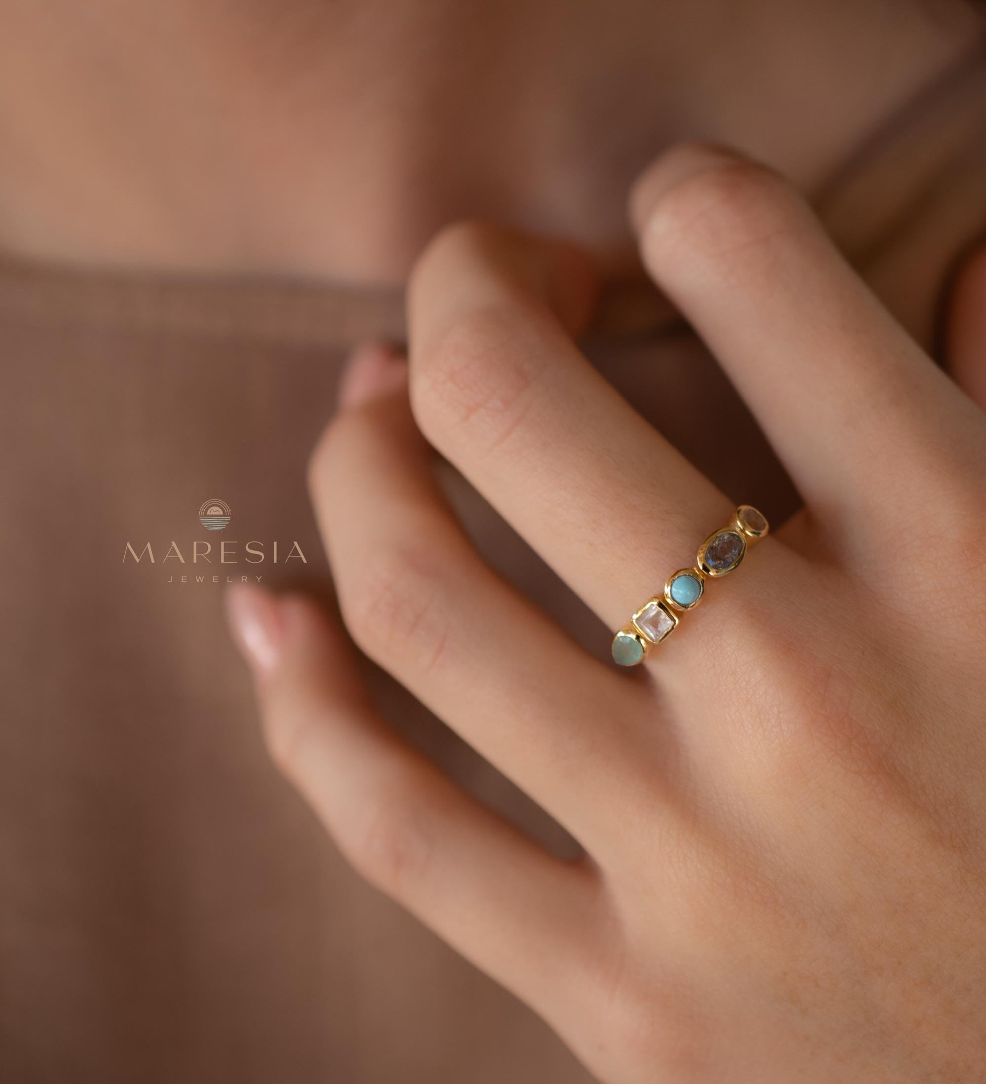 Aqua Chalcedony, Moonstone, Turquoise, Labradorite and Rose quartz Ring ~ genuine Stones ~ 18k Gold Plated~Mix Stones ~ Handmade~Boho ~MR362