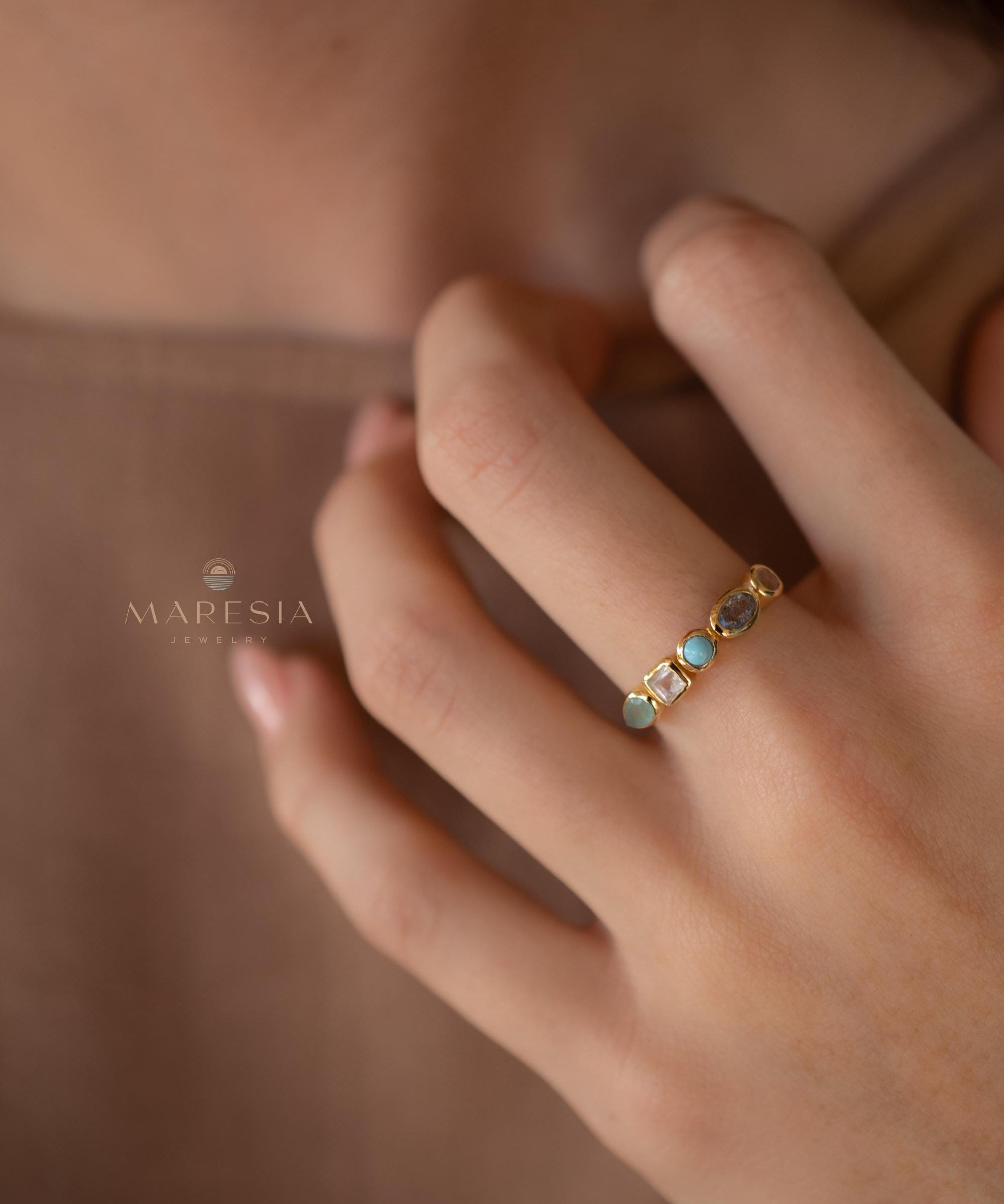 Aqua Chalcedony, Moonstone, Turquoise, Labradorite and Rose quartz Ring ~ genuine Stones ~ 18k Gold Plated~Mix Stones ~ Handmade~Boho ~MR362