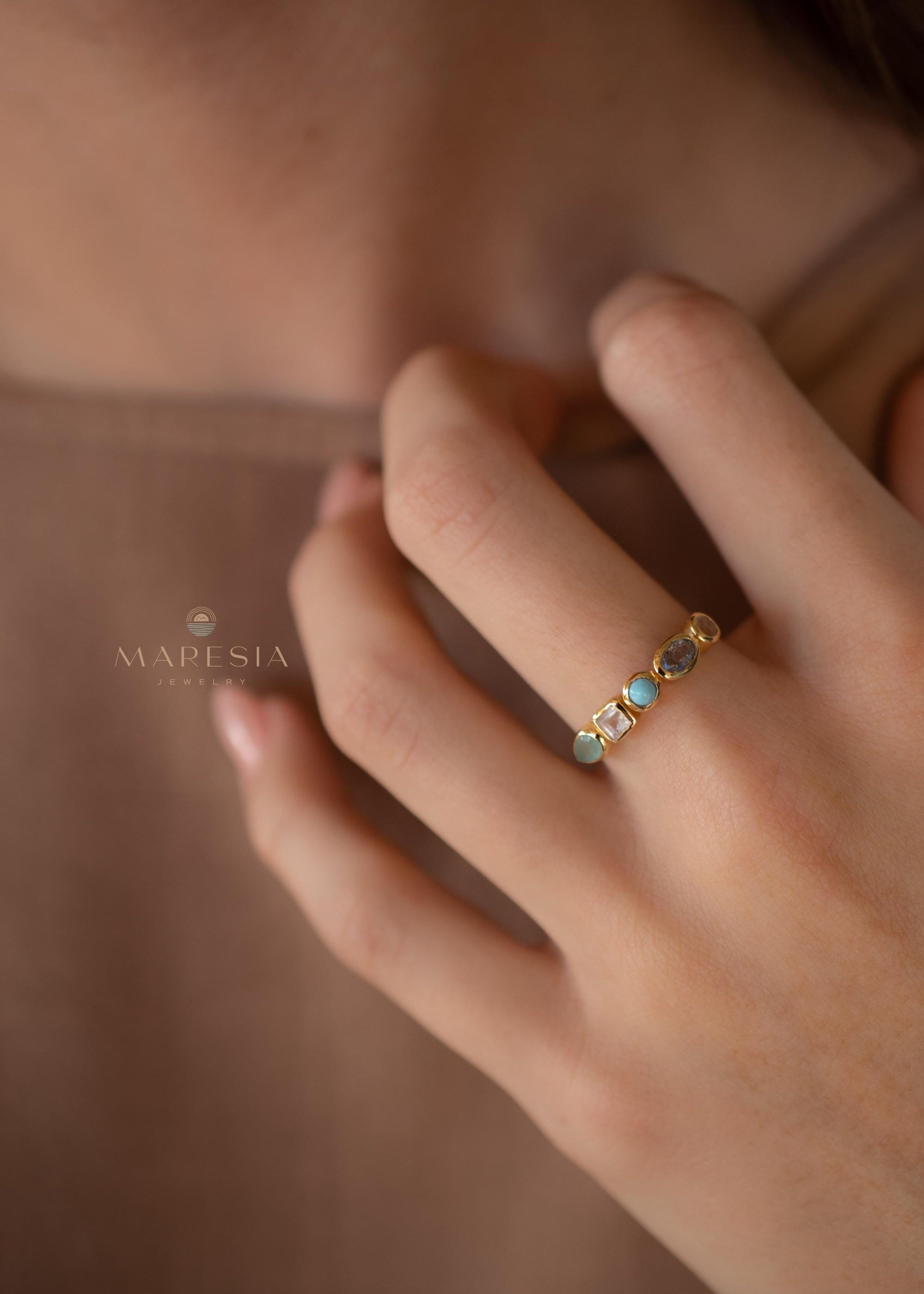 Aqua Chalcedony, Moonstone, Turquoise, Labradorite and Rose quartz Ring ~ genuine Stones ~ 18k Gold Plated~Mix Stones ~ Handmade~Boho ~MR362