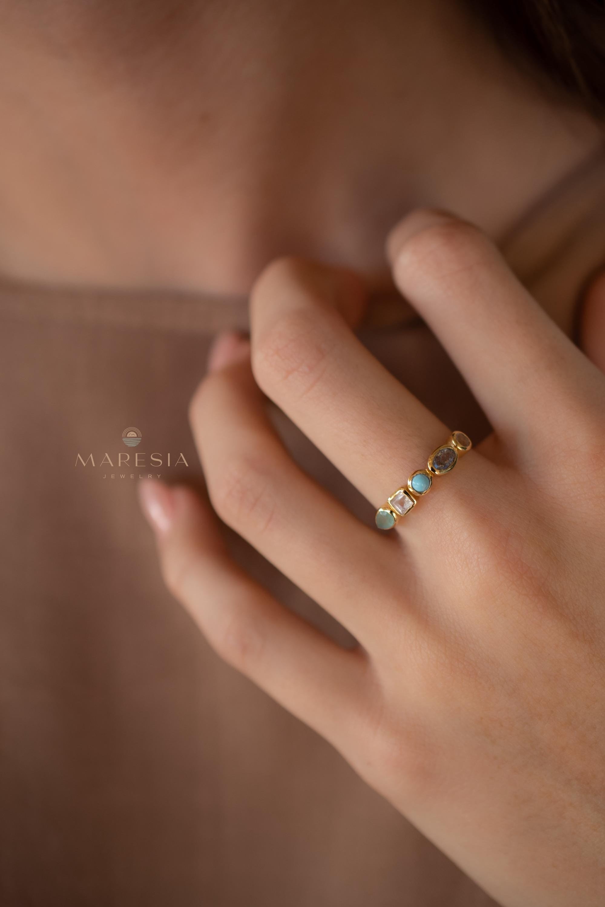 Aqua Chalcedony, Moonstone, Turquoise, Labradorite and Rose quartz Ring ~ genuine Stones ~ 18k Gold Plated~Mix Stones ~ Handmade~Boho ~MR362