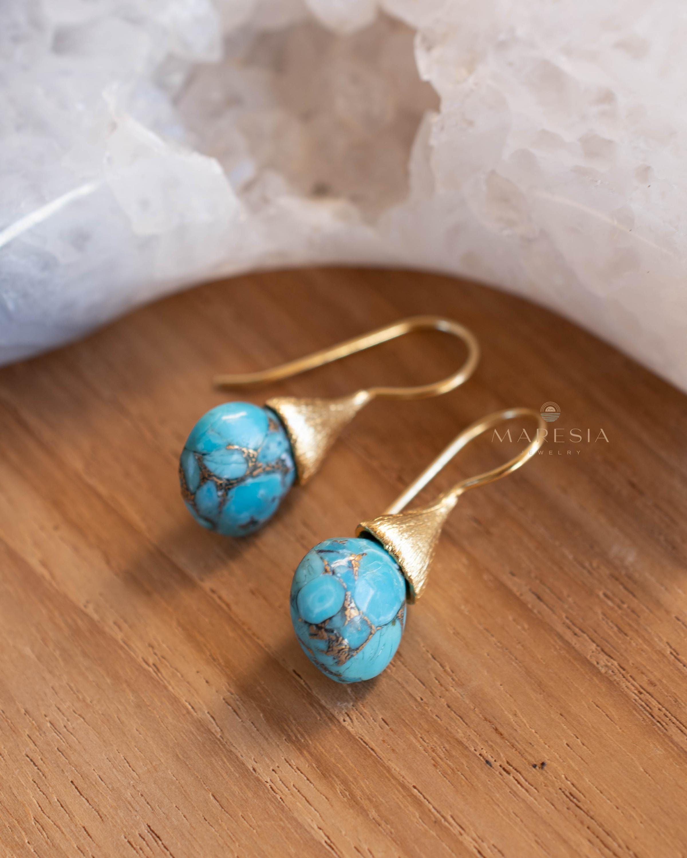 Copper Turquoise Tear Drop Earrings ~ Jewelry ~ 18k Gold Plated ~ Natural ~ Minimalist Everyday ~ Gift for Her ~ Boho ~ Hippie ~ ME