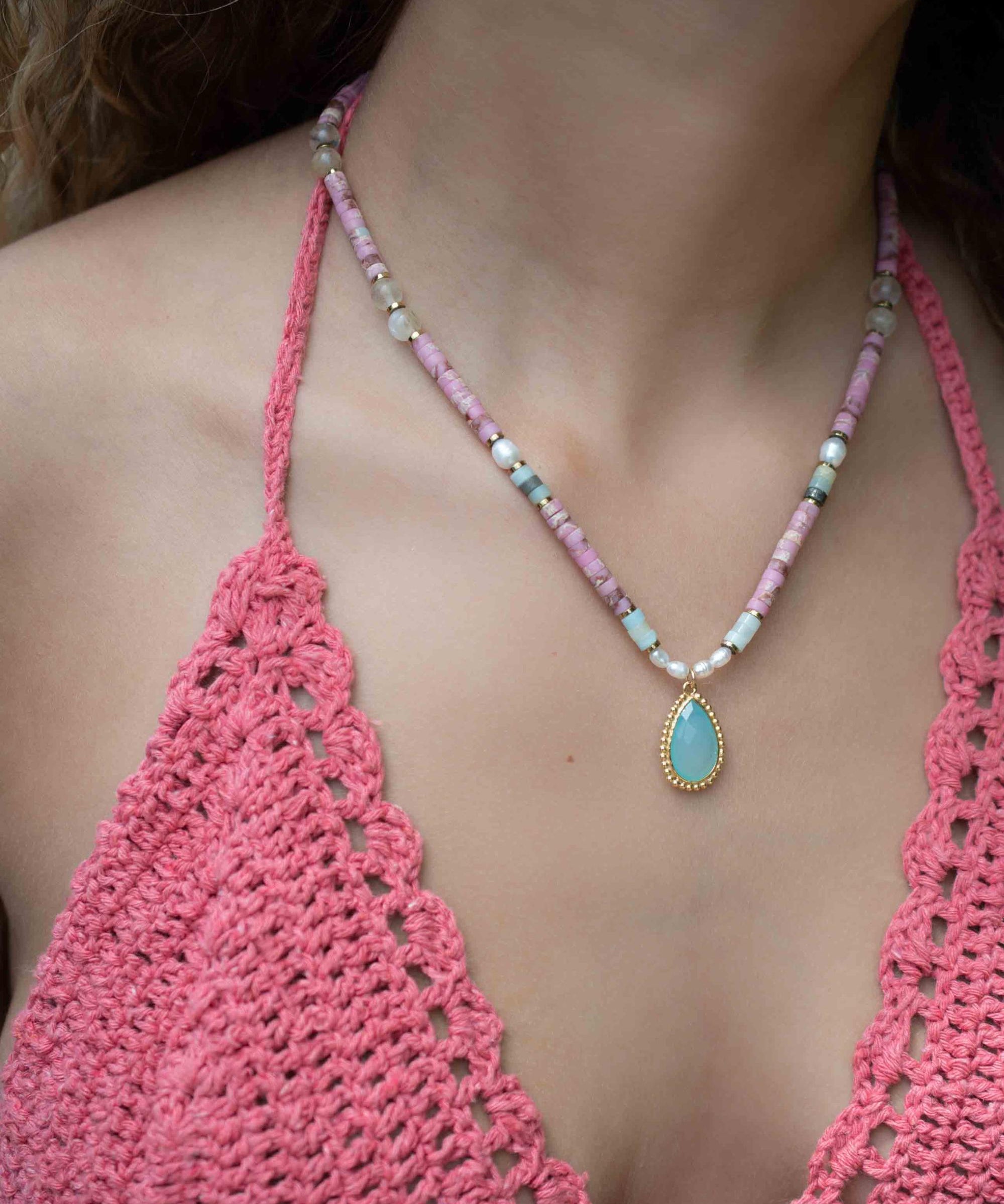 Mixed Gemstones bead necklace with moonstone pendant ~ Gold Plated or Sterling Silver ~ Pearl ~ Rutilated quartz ~ minimalist MN162