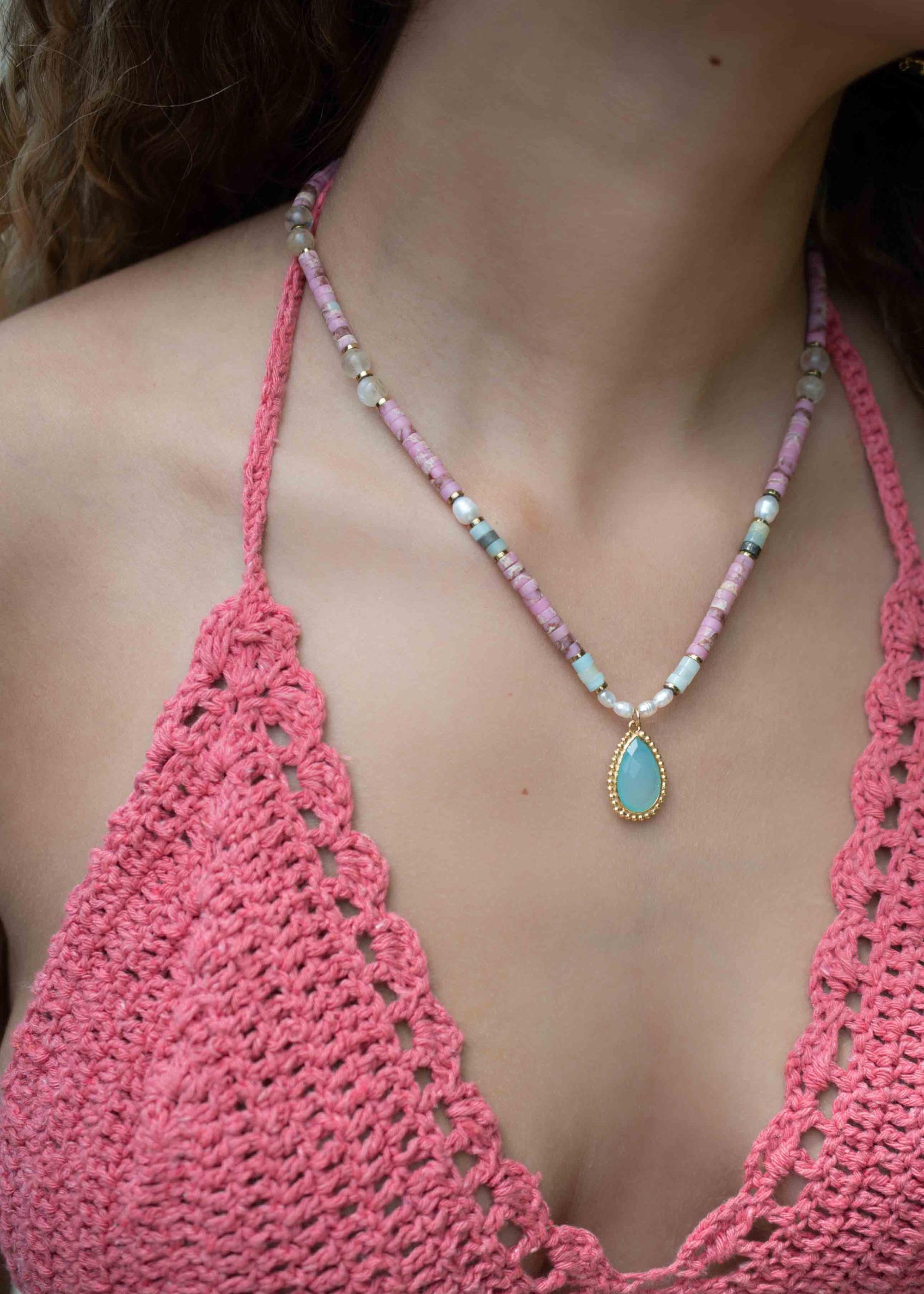 Mixed Gemstones bead necklace with moonstone pendant ~ Gold Plated or Sterling Silver ~ Pearl ~ Rutilated quartz ~ minimalist MN162