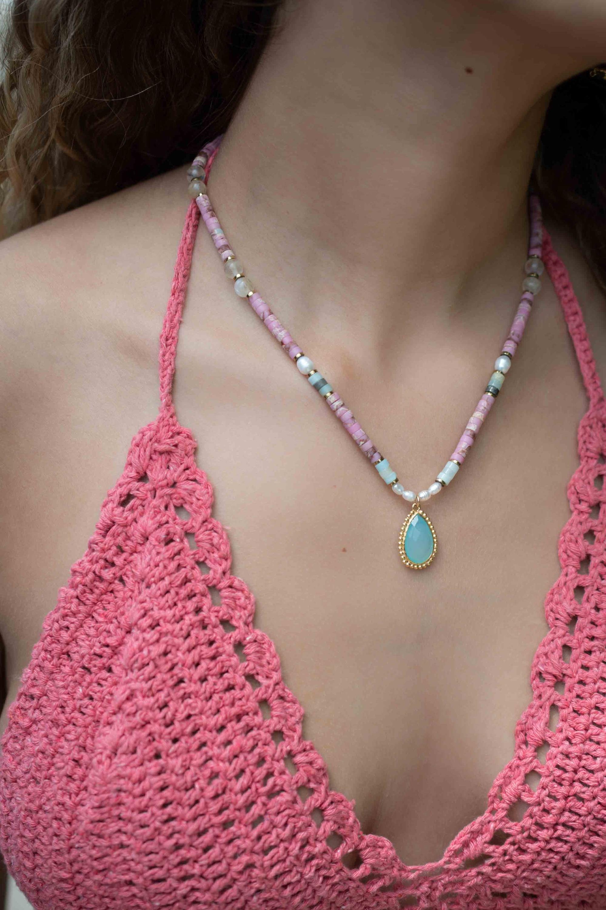 Mixed Gemstones bead necklace with moonstone pendant ~ Gold Plated or Sterling Silver ~ Pearl ~ Rutilated quartz ~ minimalist MN162
