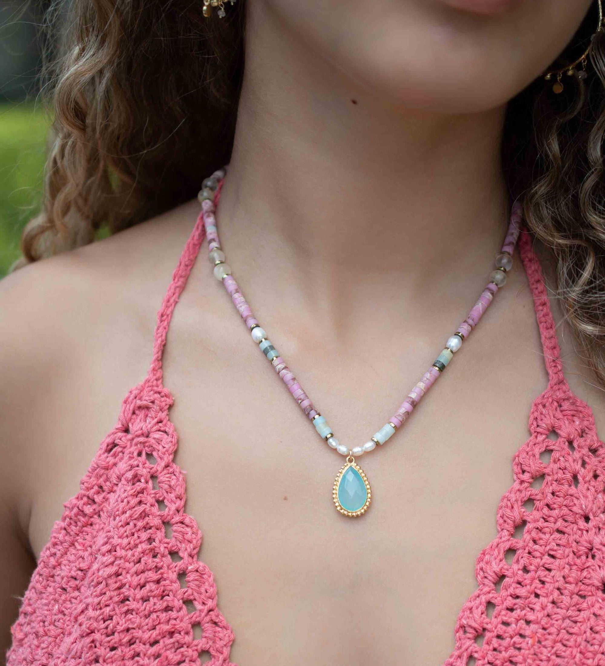 Mixed Gemstones bead necklace with moonstone pendant ~ Gold Plated or Sterling Silver ~ Pearl ~ Rutilated quartz ~ minimalist MN162